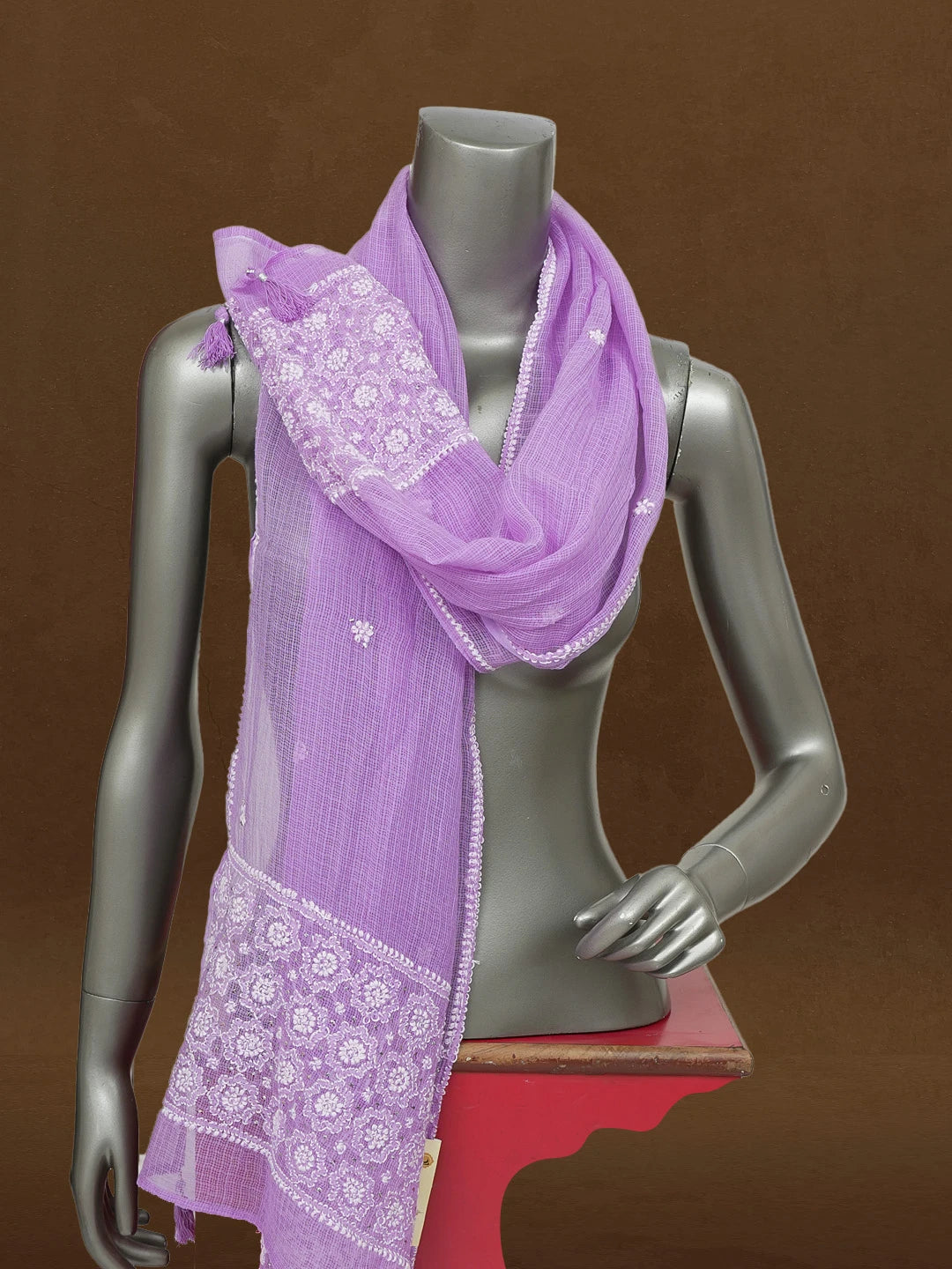 Ada Hand Embroidered Mauve Kota Lucknowi Chikankari Dupatta With Muqaish Work 01A592207