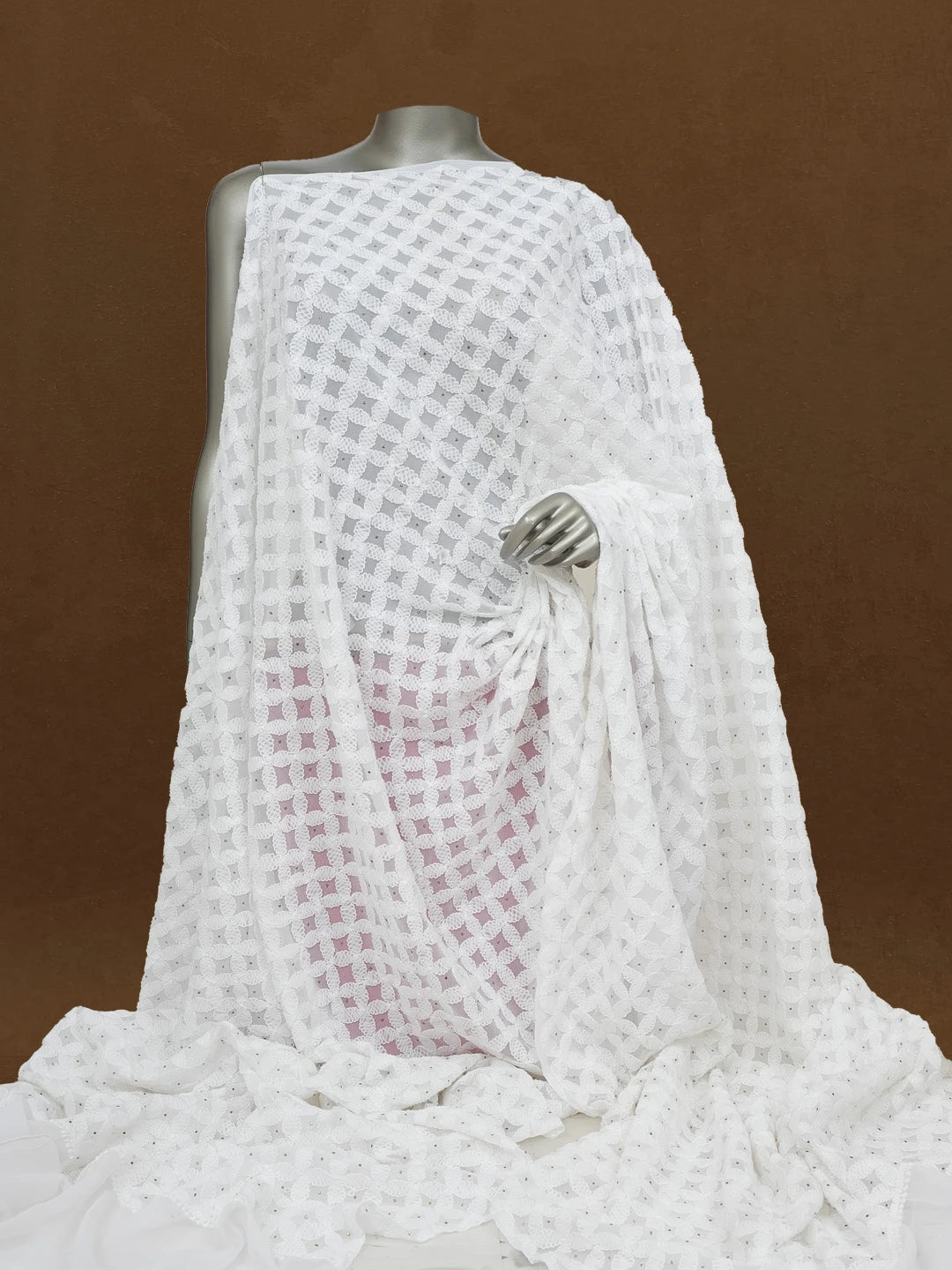 Ada Hand Embroidered White Chiffon Lucknowi Chikankari Dupatta with Muqaish Work A620917