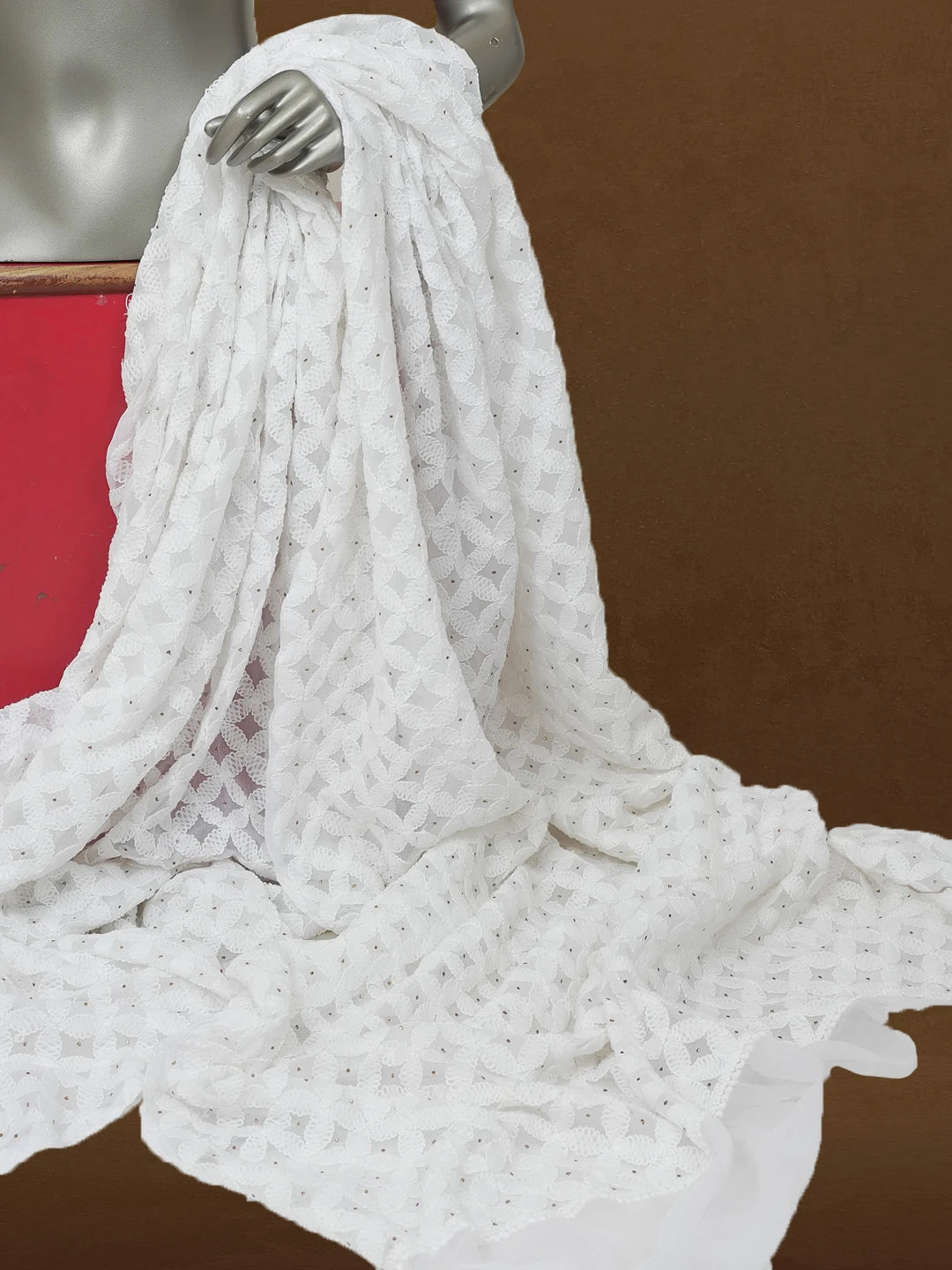 Ada Hand Embroidered White Chiffon Lucknowi Chikankari Dupatta with Muqaish Work A620917