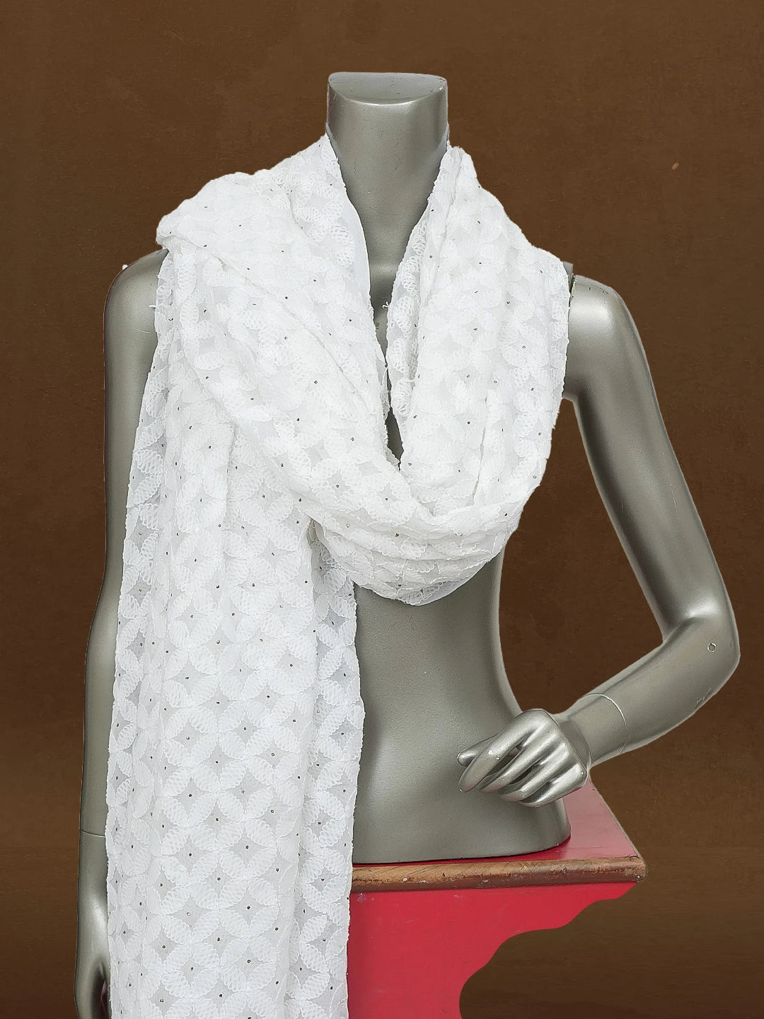 Ada Hand Embroidered White Chiffon Lucknowi Chikankari Dupatta with Muqaish Work A620917