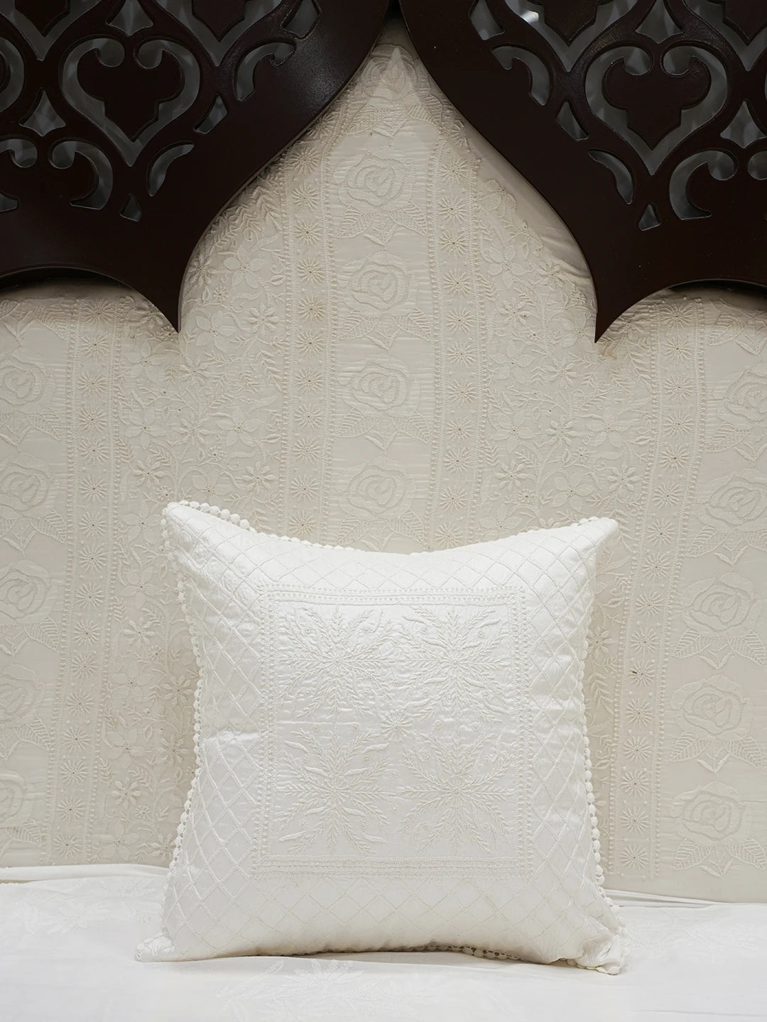 Ada Hand Embroidered White Silk Lucknowi Chikankari Cushion Cover 01A151380