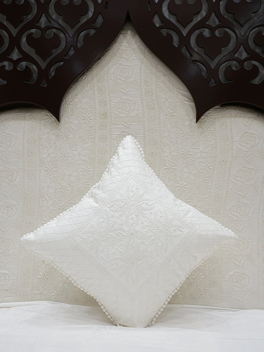 Ada Hand Embroidered White Silk Lucknowi Chikankari Cushion Cover 01A151380