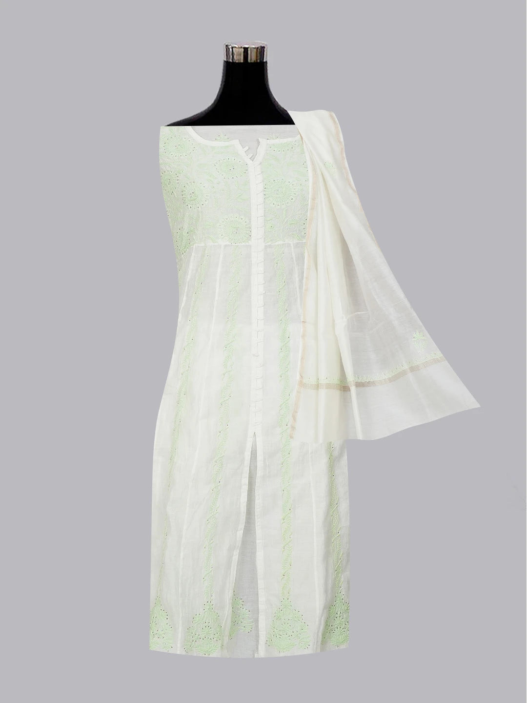 Ada Hand Embroidered White Chanderi Lucknowi Chikankari Semi-Stitched Anarkali Kurta Dupatta Set with Mukaish/Muqaish Work 01A395831