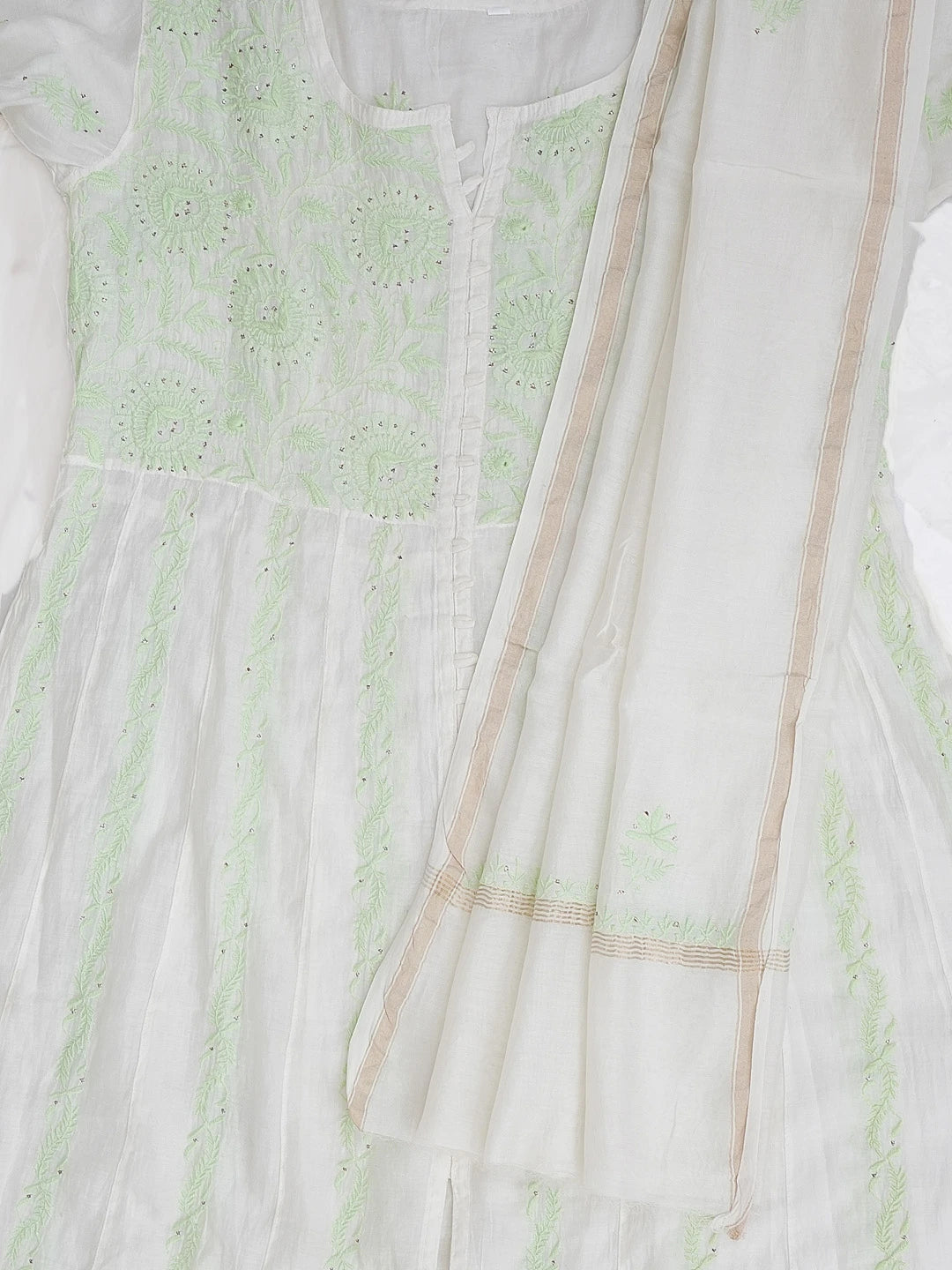 Ada Hand Embroidered White Chanderi Lucknowi Chikankari Semi-Stitched Anarkali Kurta Dupatta Set with Mukaish/Muqaish Work 01A395831