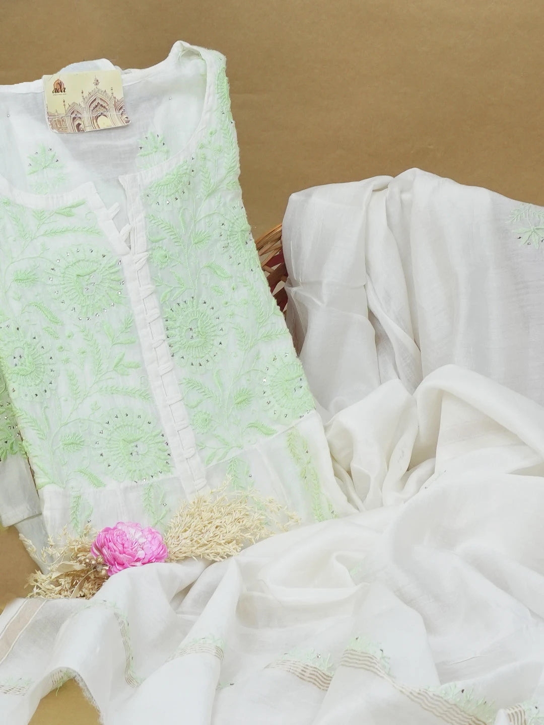 Ada Hand Embroidered White Chanderi Lucknowi Chikankari Semi-Stitched Anarkali Kurta Dupatta Set with Mukaish/Muqaish Work 01A395831