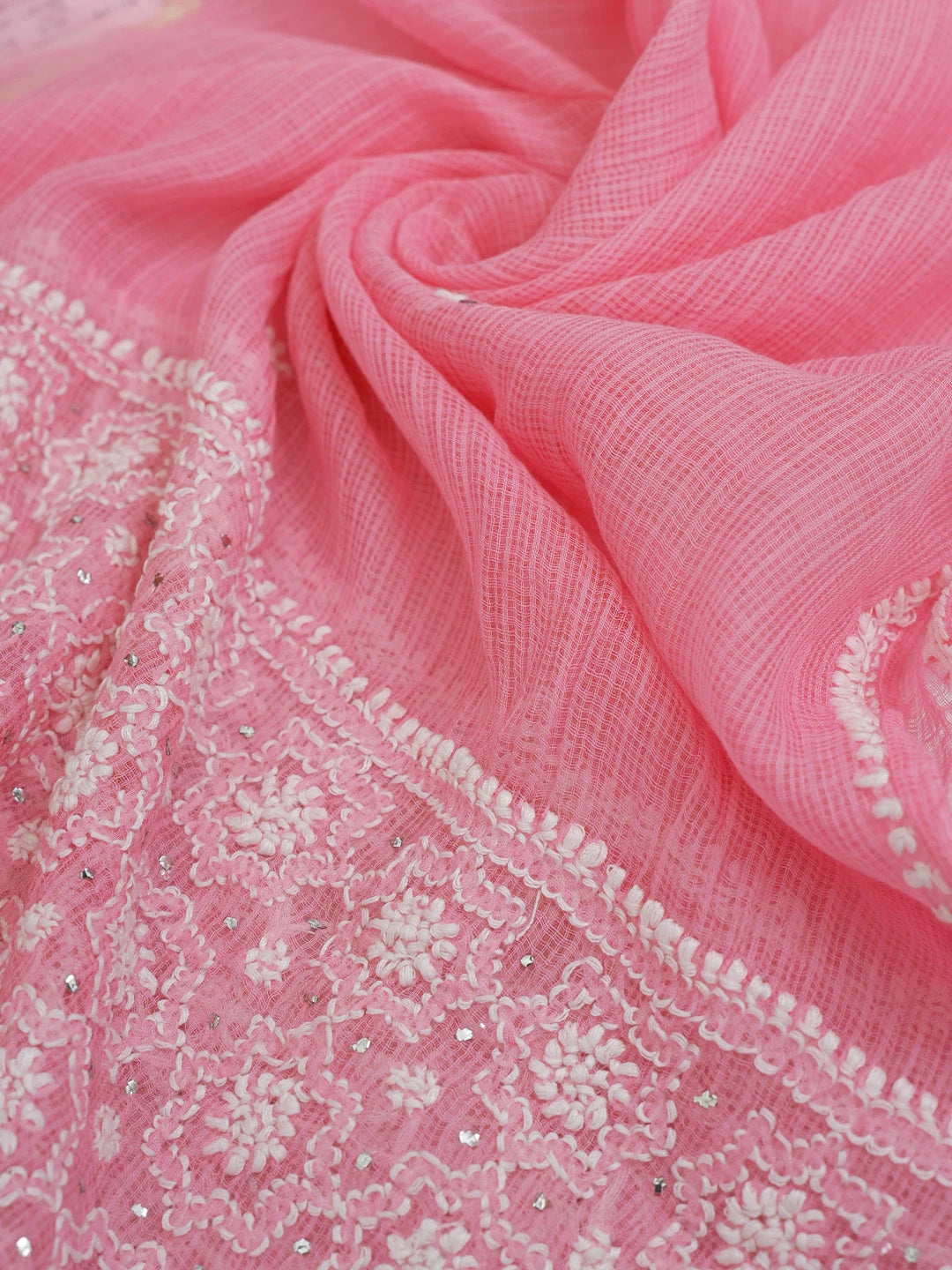Ada Hand Embroidered Pink Kota Lucknowi Chikankari Dupatta With Muqaish Work 01A586138