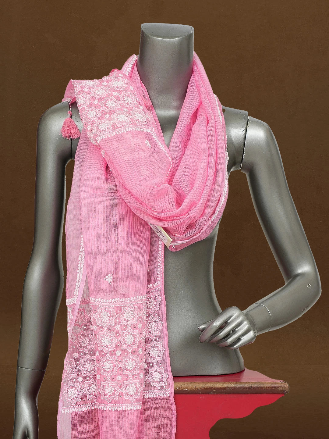 Ada Hand Embroidered Pink Kota Lucknowi Chikankari Dupatta With Muqaish Work 01A586138