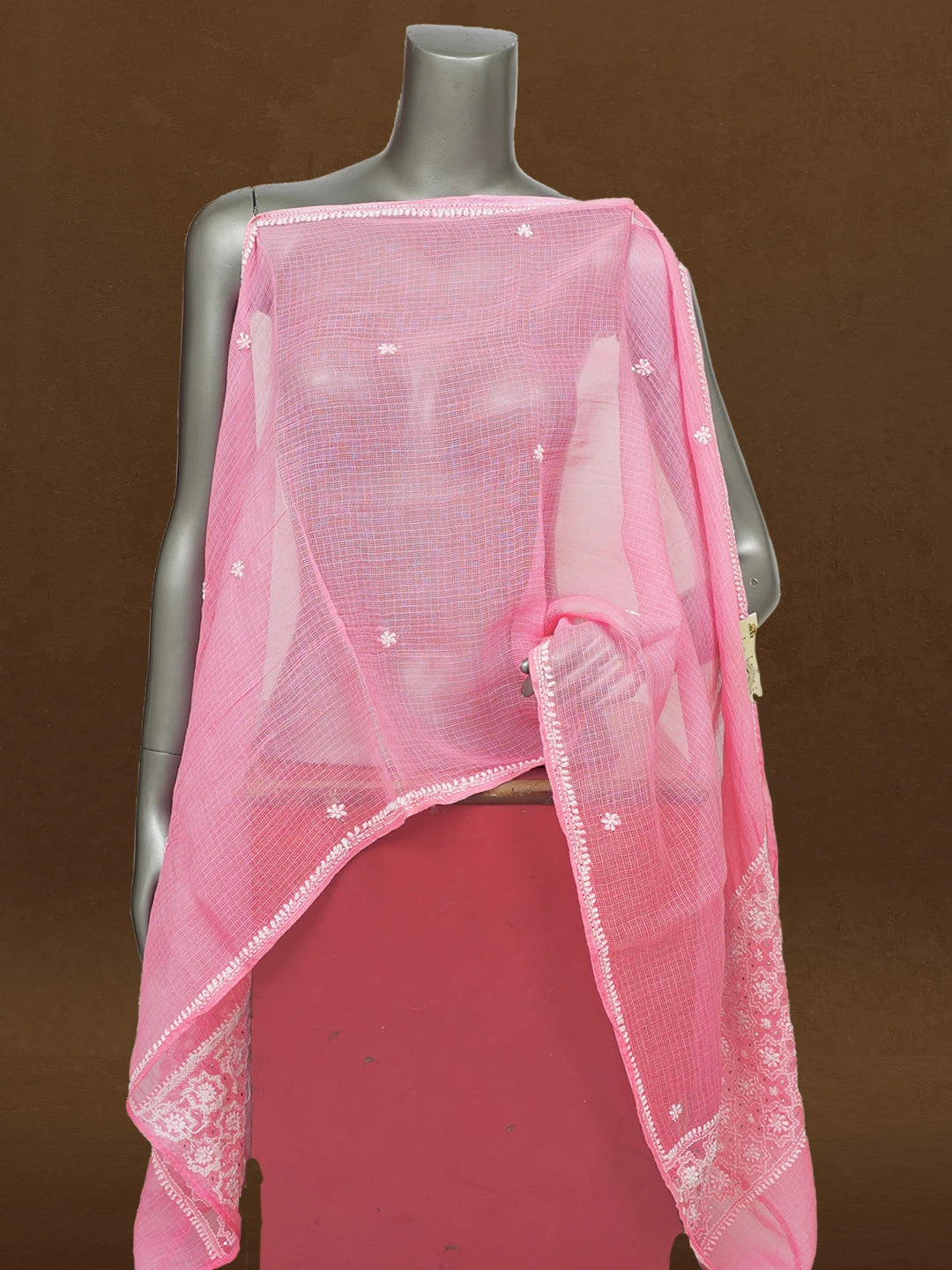 Ada Hand Embroidered Pink Kota Lucknowi Chikankari Dupatta With Muqaish Work 01A586138