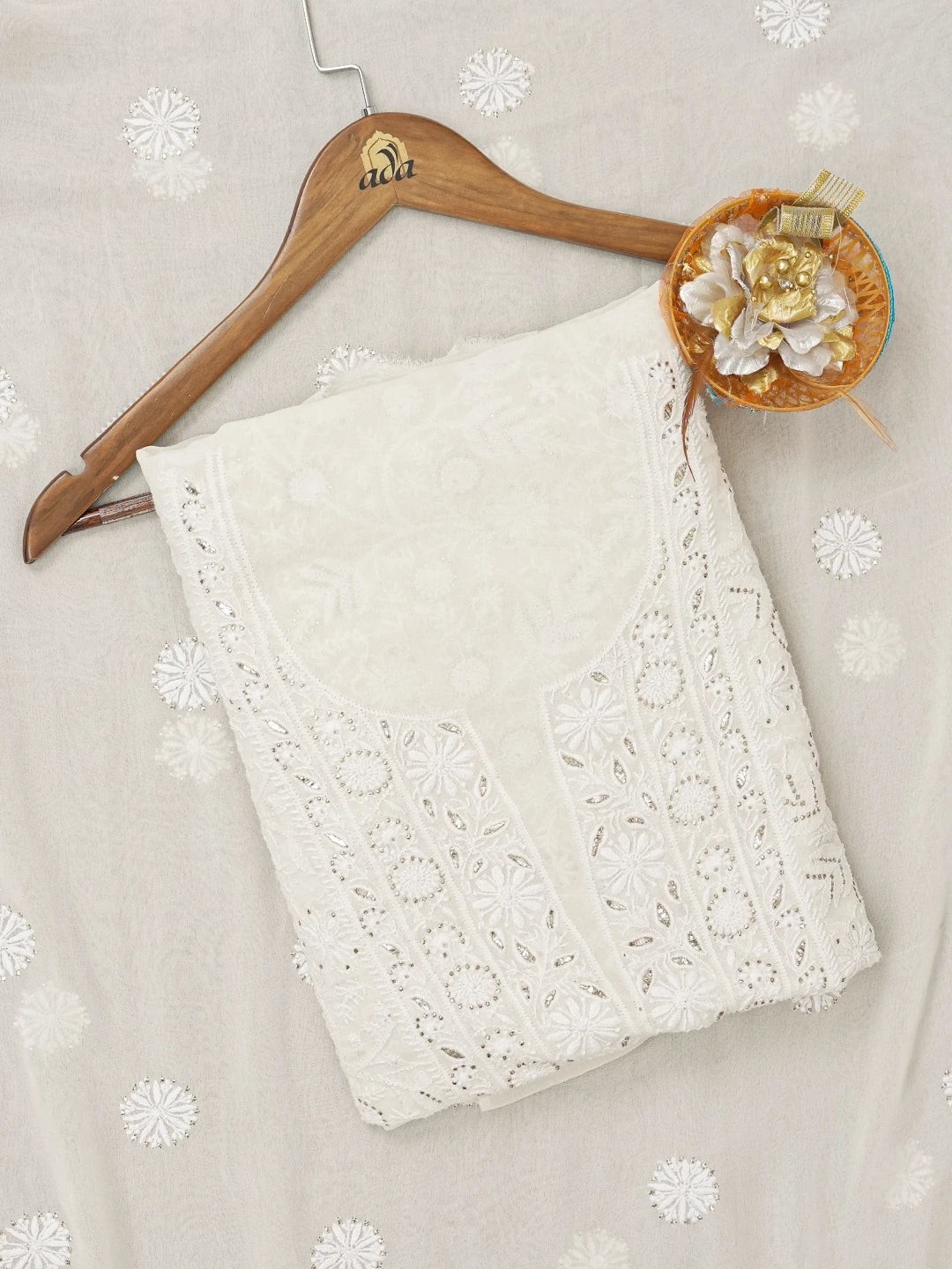 Ada Hand Embroidered Alabaster White Pure Georgette Lucknowi Chikankari Unstitched Kurta Dupatta Set With Muqaish Work 01A197036