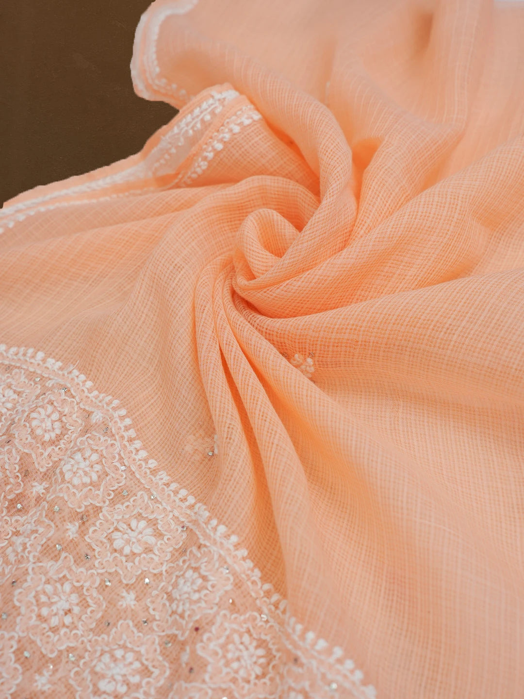 Ada Hand Embroidered Peach Kota Lucknowi Chikankari Dupatta With Muqaish Work 01A586124