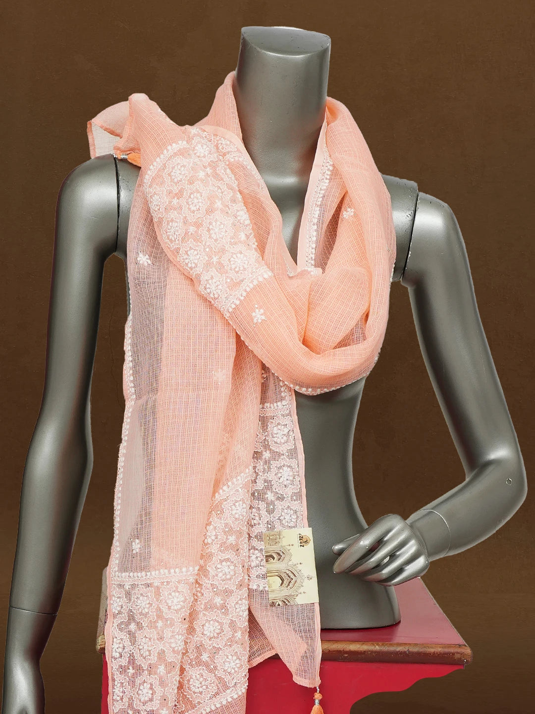 Ada Hand Embroidered Peach Kota Lucknowi Chikankari Dupatta With Muqaish Work 01A586124