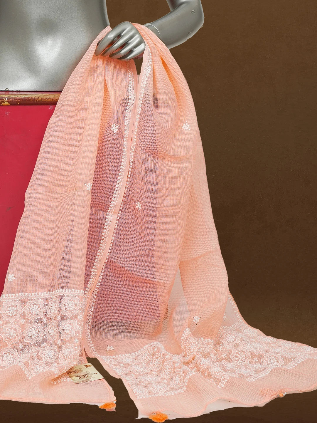 Ada Hand Embroidered Peach Kota Lucknowi Chikankari Dupatta With Muqaish Work 01A586124