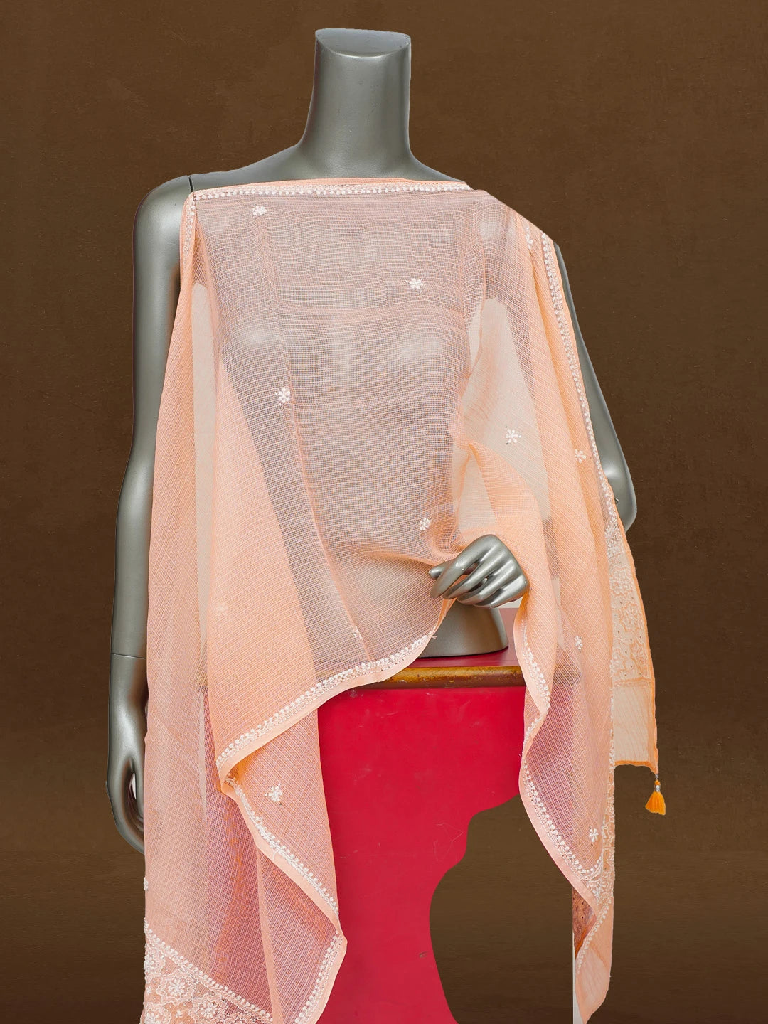 Ada Hand Embroidered Peach Kota Lucknowi Chikankari Dupatta With Muqaish Work 01A586124