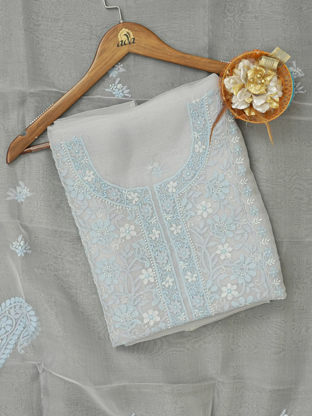 Ada Hand Embroidered Grey Organza Lucknowi Chikankari Unstitched Kurta Dupatta Set 01A483377
