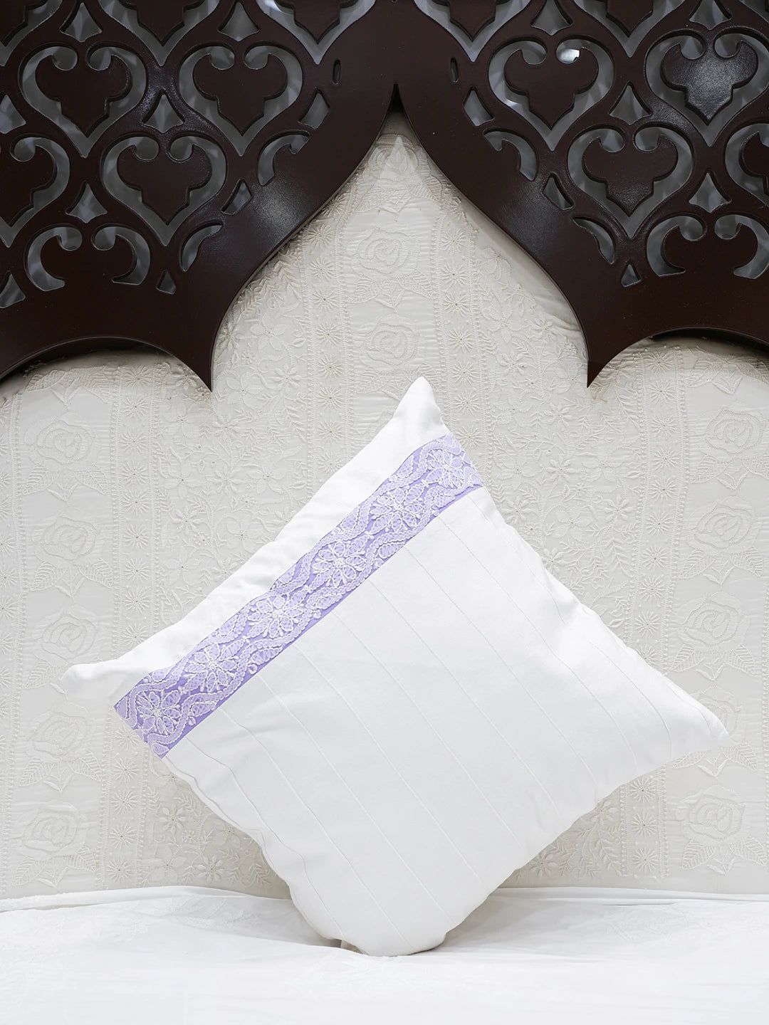 Ada Hand Embroidered White Cotton Lucknowi Chikankari Cushion Cover 01A58527