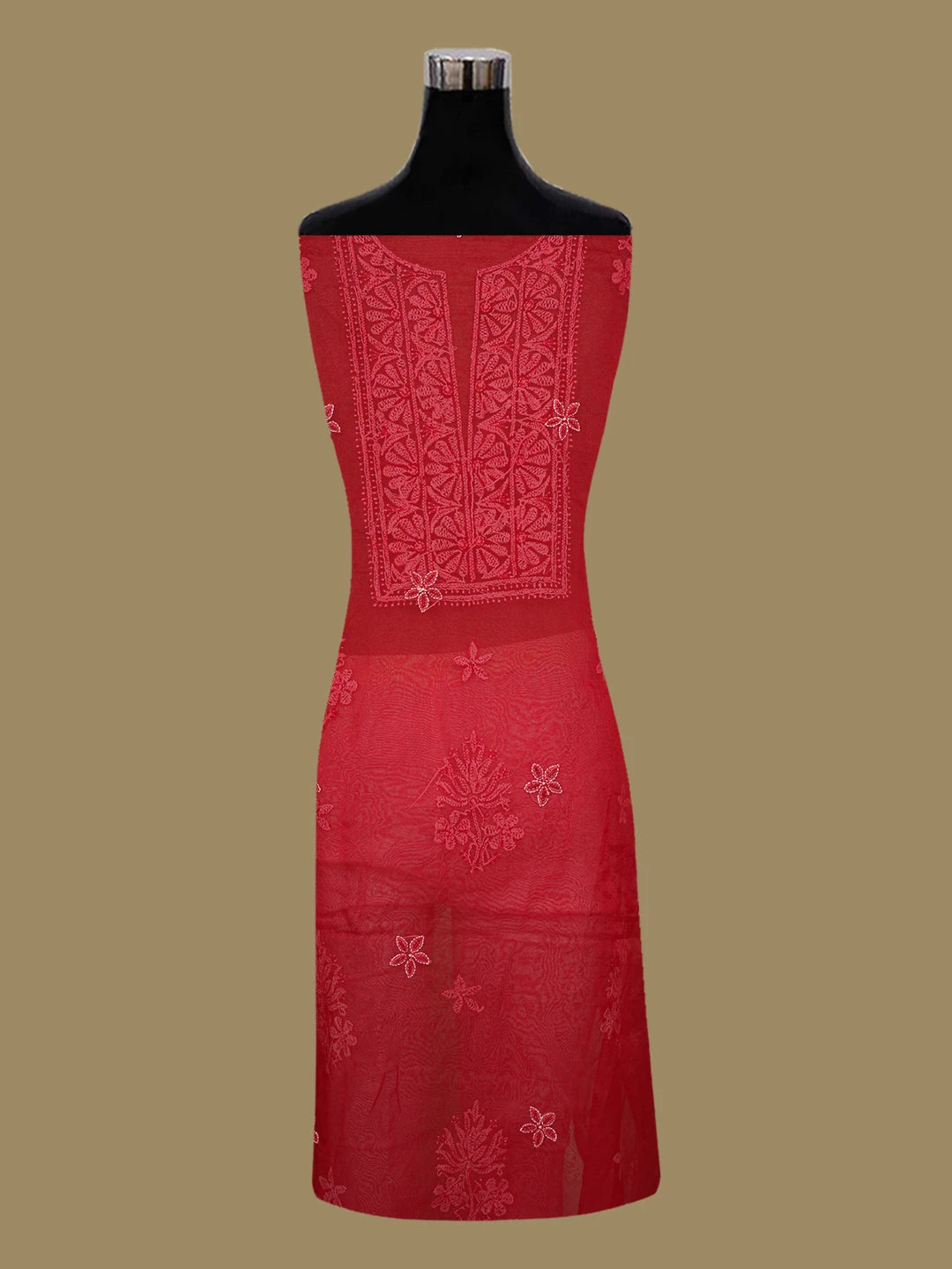 Ada Hand Embroidered Dark Red Organza Lucknowi Chikankari Unstitched Kurta Dupatta Set With Sequinned Work 01A605367