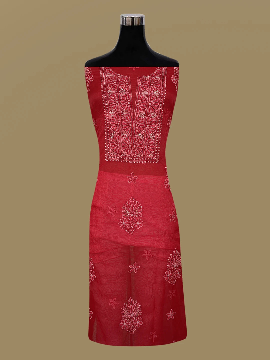 Ada Hand Embroidered Dark Red Organza Lucknowi Chikankari Unstitched Kurta Dupatta Set With Sequinned Work 01A605367