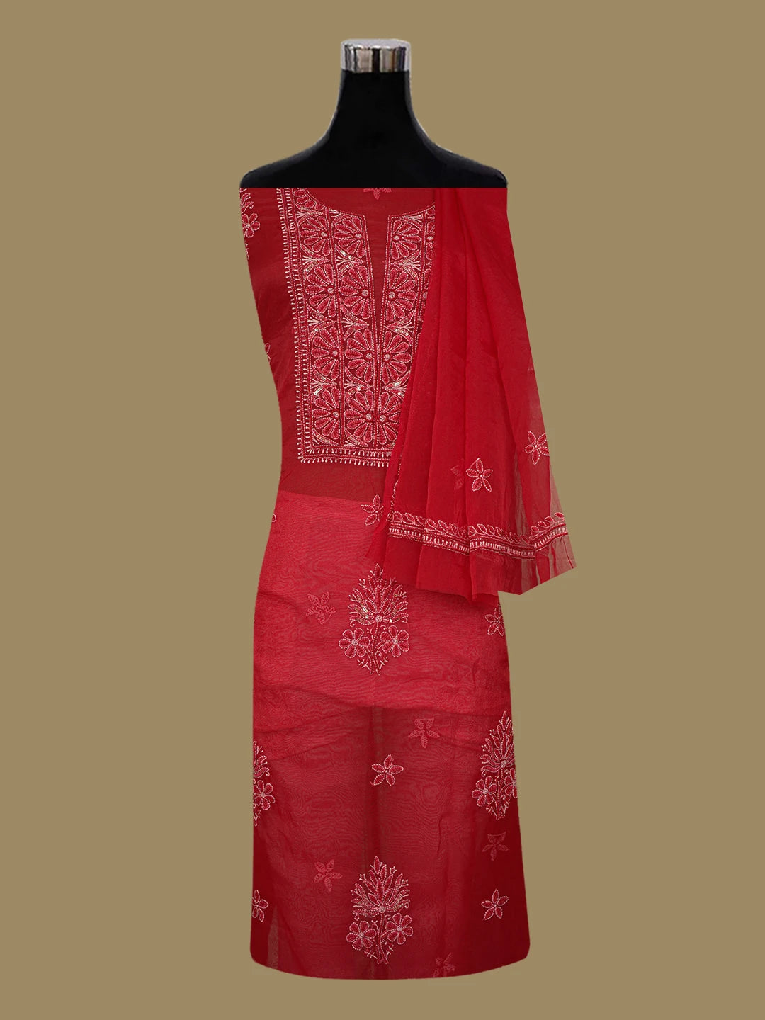 Ada Hand Embroidered Dark Red Organza Lucknowi Chikankari Unstitched Kurta Dupatta Set With Sequinned Work 01A605367