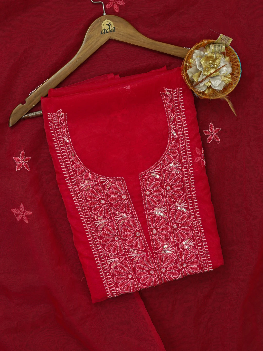 Ada Hand Embroidered Dark Red Organza Lucknowi Chikankari Unstitched Kurta Dupatta Set With Sequinned Work 01A605367
