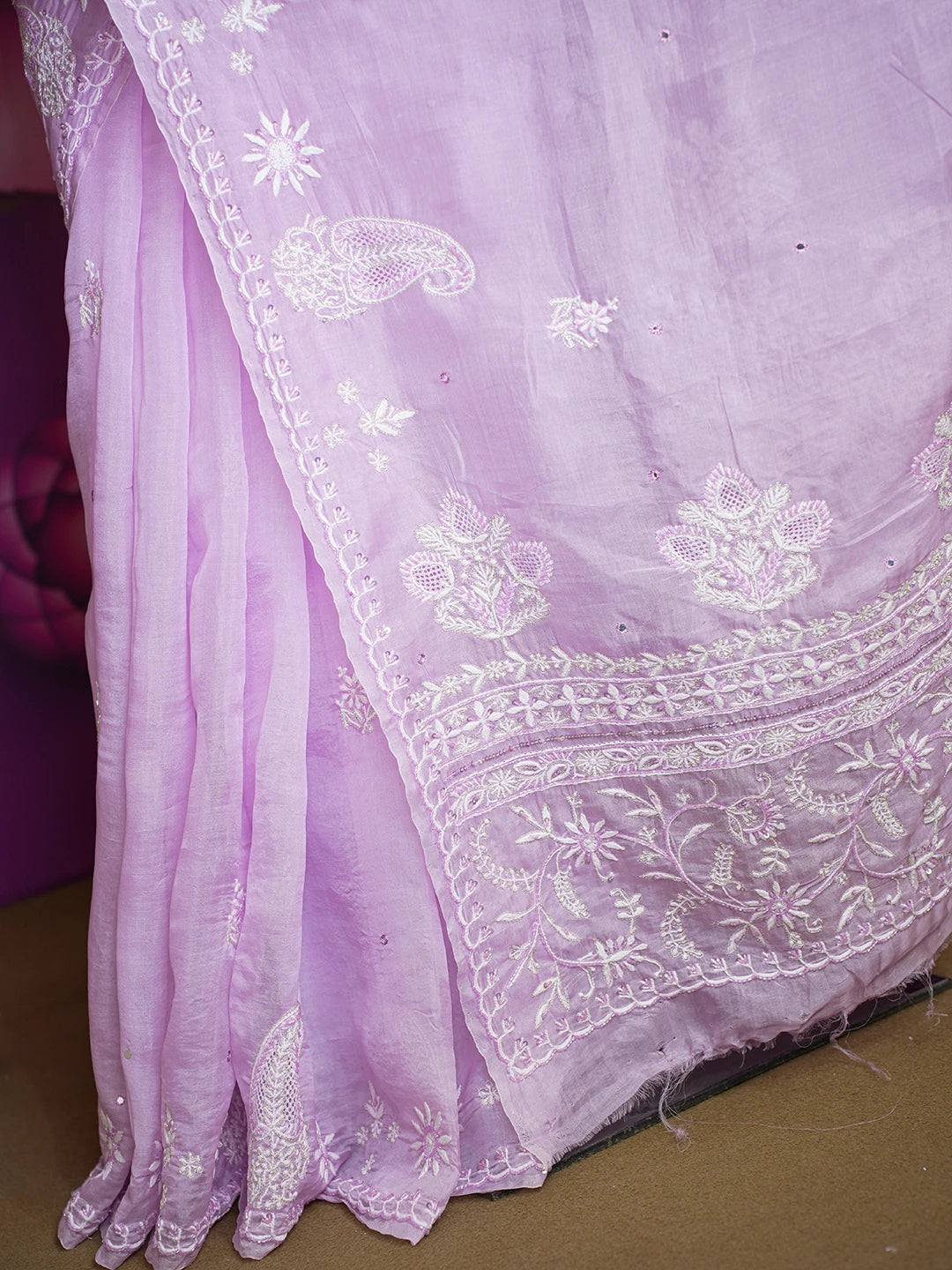 Ada Hand Embroidered Lavender Organza Lucknowi Chikankari Saree and Blouse With Cutdana Work 01A532248
