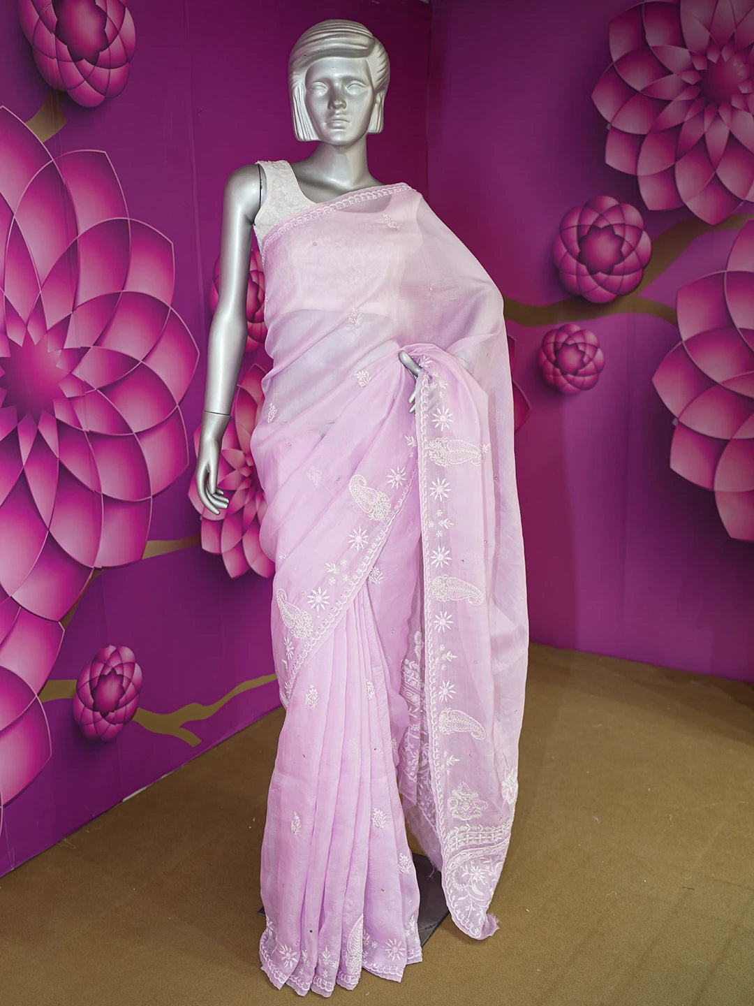Ada Hand Embroidered Lavender Organza Lucknowi Chikankari Saree and Blouse With Cutdana Work 01A532248