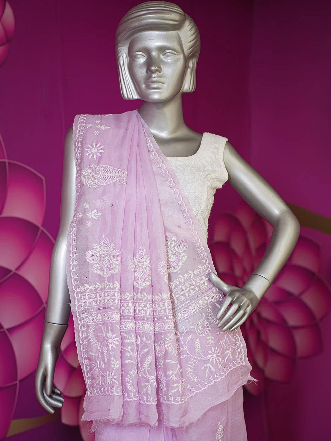 Ada Hand Embroidered Lavender Organza Lucknowi Chikankari Saree and Blouse With Cutdana Work 01A532248