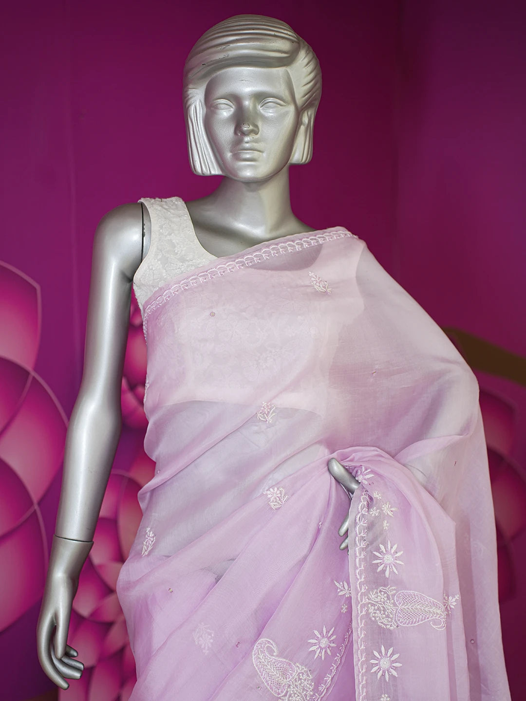 Ada Hand Embroidered Lavender Organza Lucknowi Chikankari Saree and Blouse With Cutdana Work 01A532248