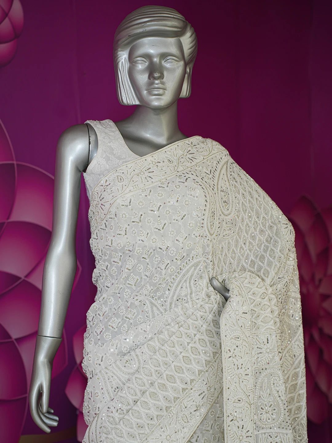 Ada Hand Embroidered White Pure Georgette Lucknowi Chikankari Saree and Blouse With Sequinned Work 01A585480