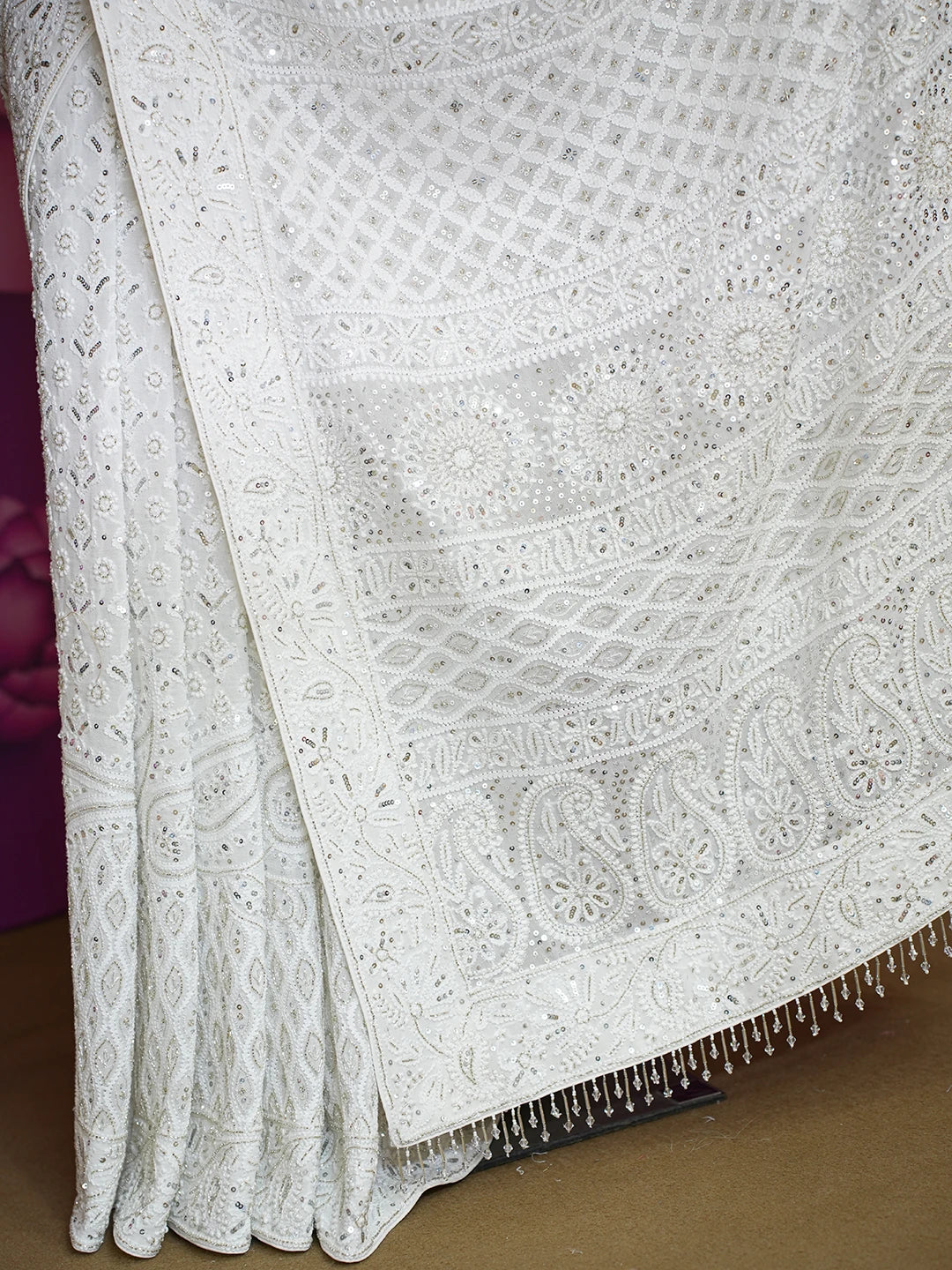 Ada Hand Embroidered White Pure Georgette Lucknowi Chikankari Saree and Blouse With Sequinned Work 01A585480