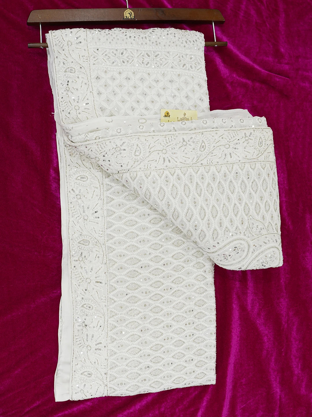 Ada Hand Embroidered White Pure Georgette Lucknowi Chikankari Saree and Blouse With Sequinned Work 01A585480