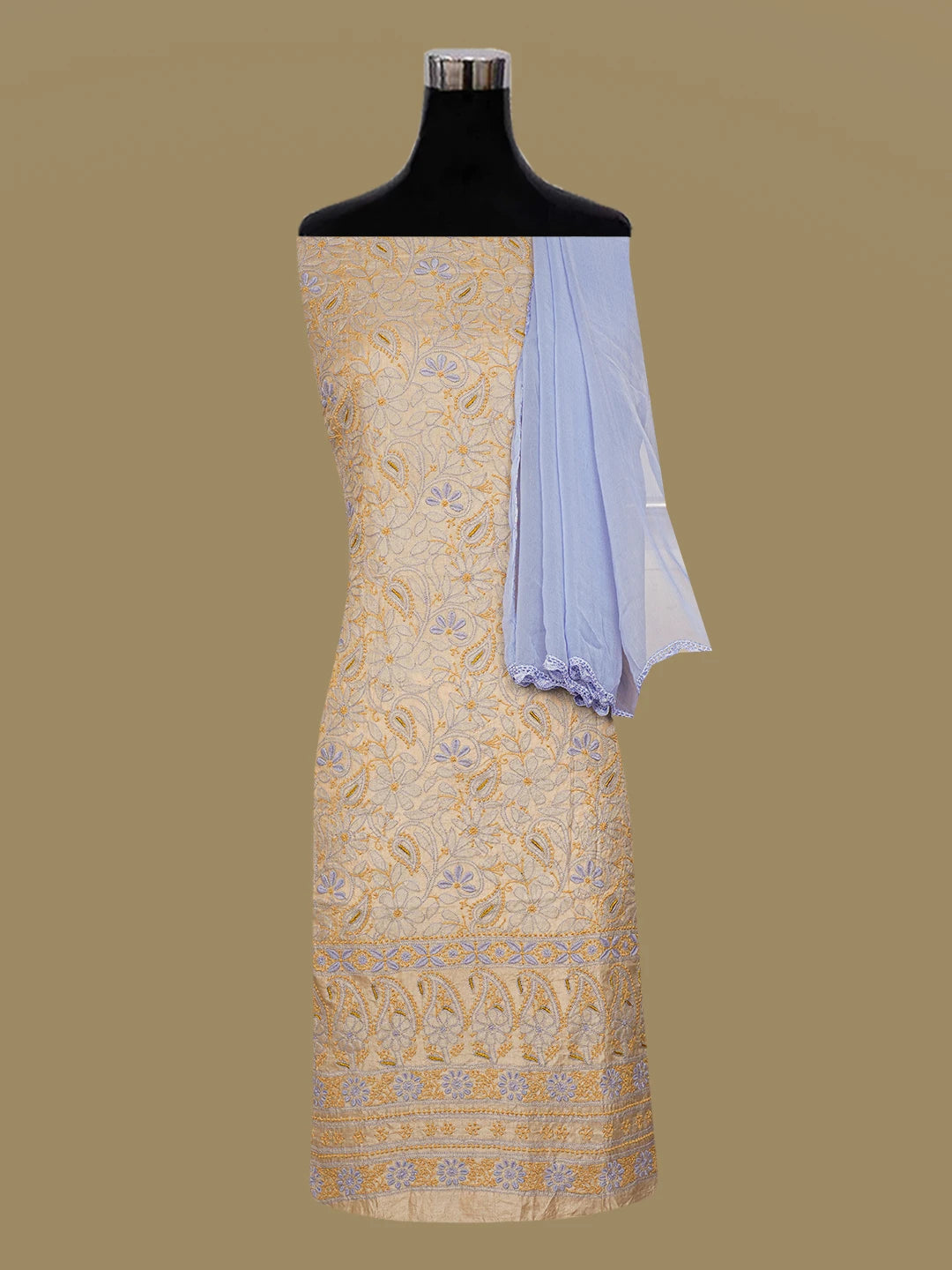 Ada Hand Embroidered Fawn Silk Lucknowi Chikankari Unstitched Suit Piece With Zari Work 01A599461