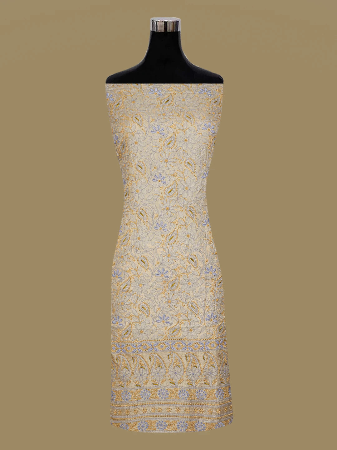 Ada Hand Embroidered Fawn Silk Lucknowi Chikankari Unstitched Suit Piece With Zari Work 01A599461