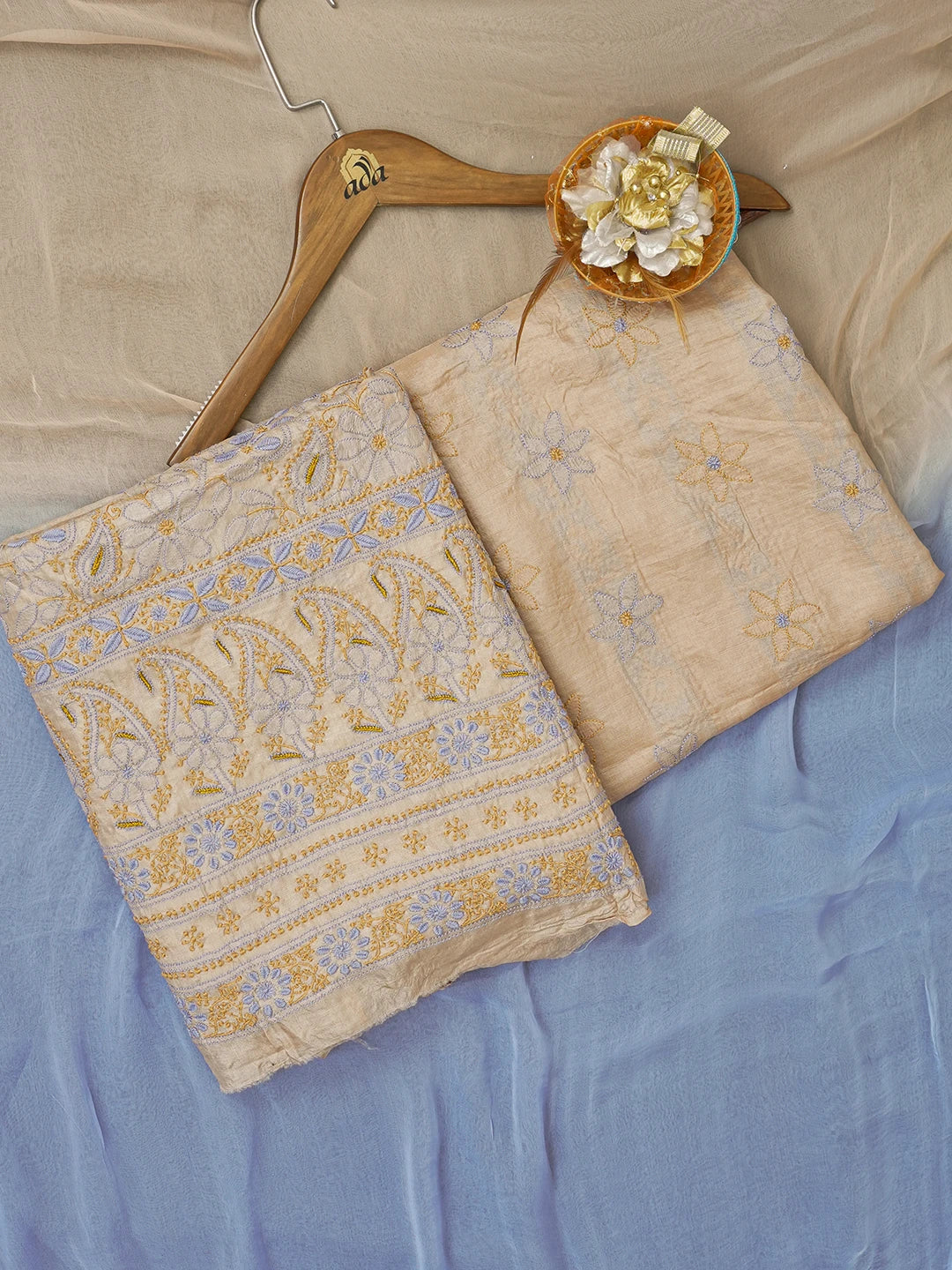 Ada Hand Embroidered Fawn Silk Lucknowi Chikankari Unstitched Suit Piece With Zari Work 01A599461