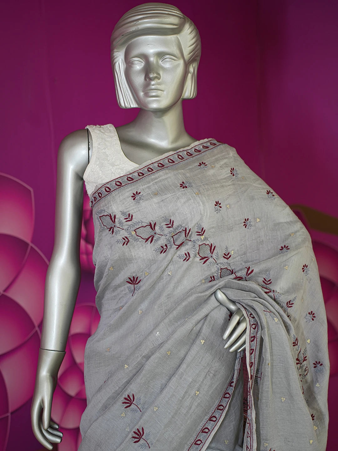Ada Hand Embroidered Grey Silk Lucknowi Chikankari Saree and Blouse 01A352964
