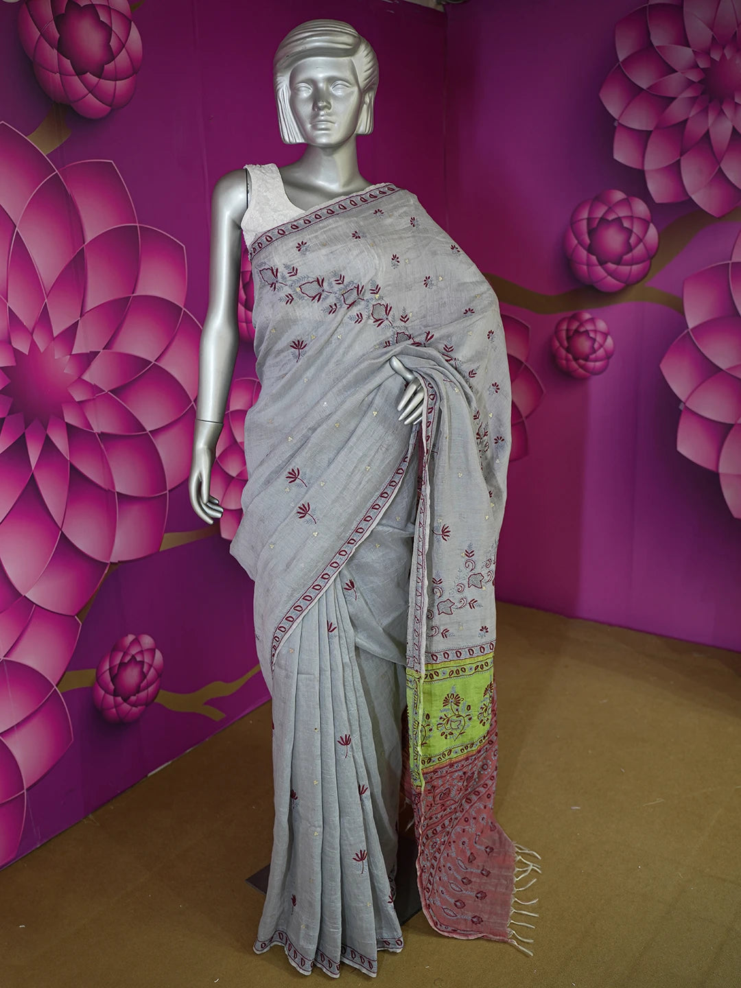 Ada Hand Embroidered Grey Silk Lucknowi Chikankari Saree and Blouse 01A352964