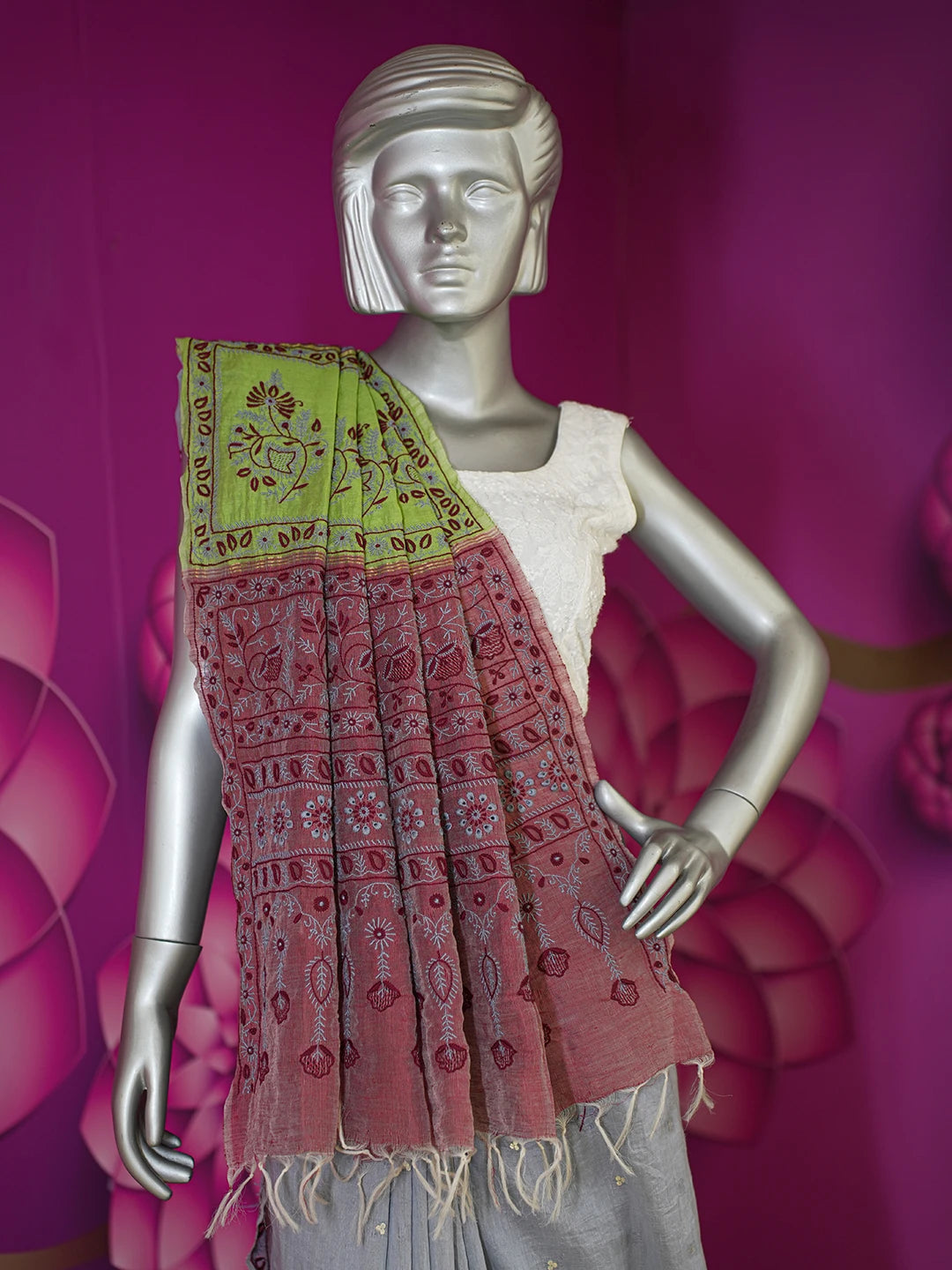 Ada Hand Embroidered Grey Silk Lucknowi Chikankari Saree and Blouse 01A352964