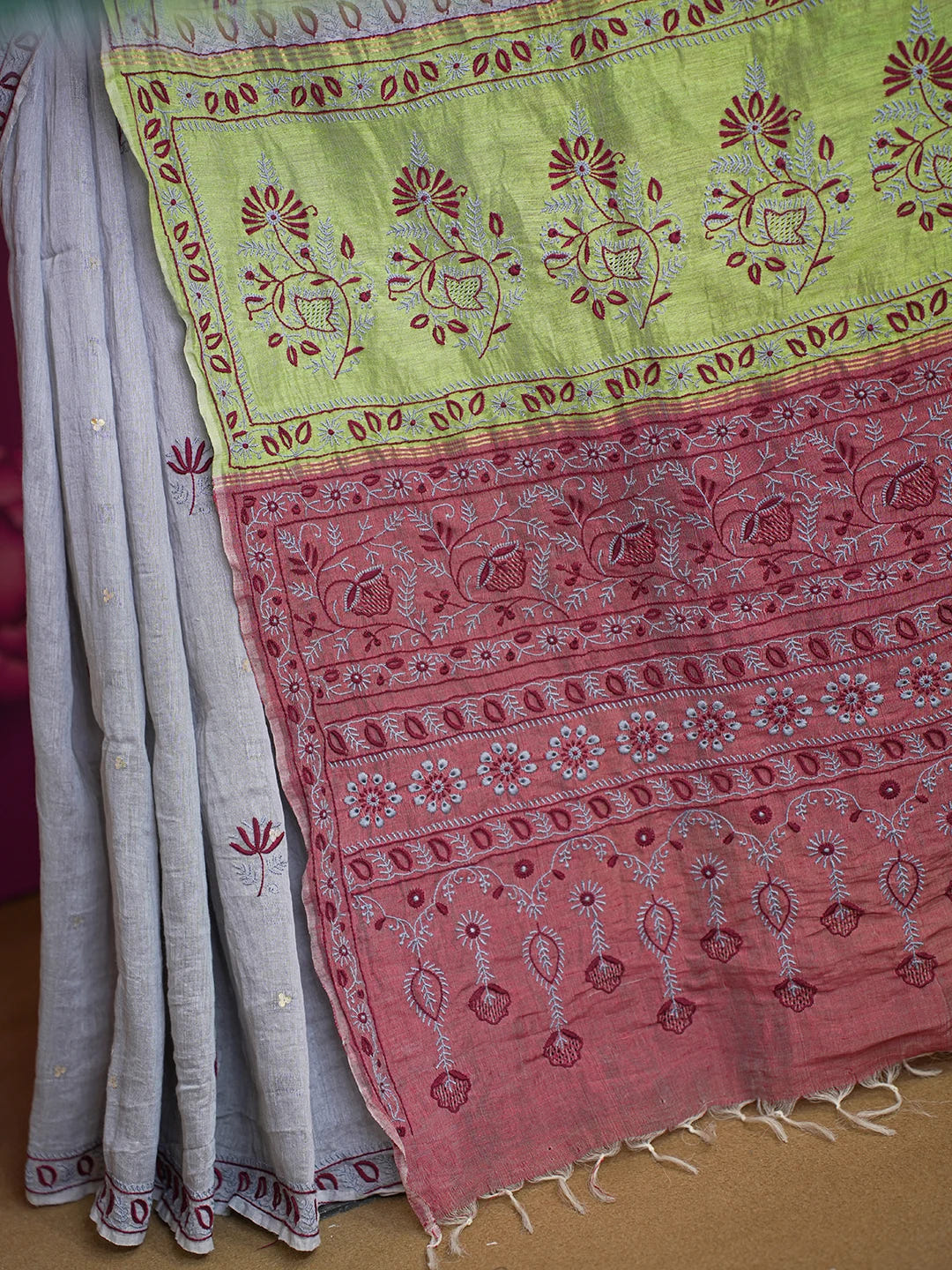 Ada Hand Embroidered Grey Silk Lucknowi Chikankari Saree and Blouse 01A352964
