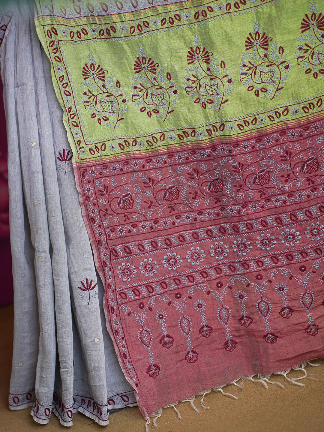 Ada Hand Embroidered Grey Silk Lucknowi Chikankari Saree and Blouse 01A352964