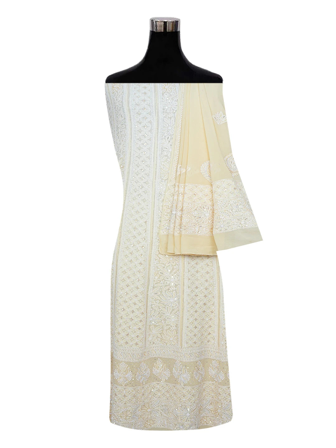Ada Hand Embroidered White & Papaya Viscose Georgette Lucknowi Chikankari Semi-Stitched Anarkali Kurta Dupatta Set With Cutdana Work 01A569087