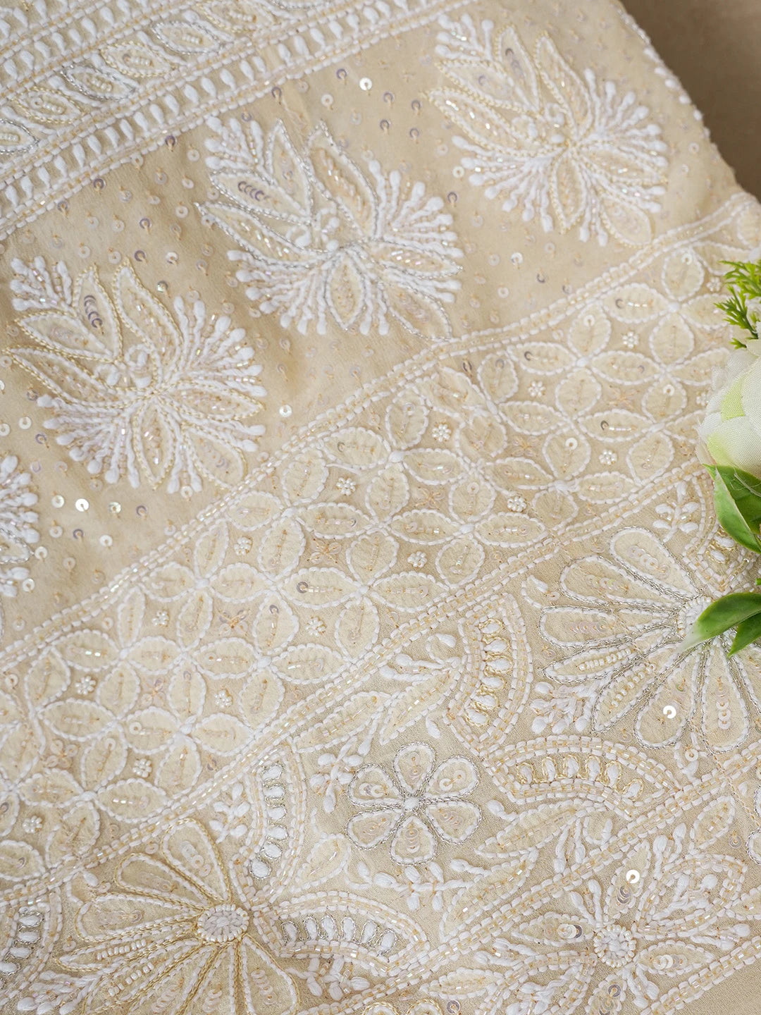 Ada Hand Embroidered White & Papaya Viscose Georgette Lucknowi Chikankari Semi-Stitched Anarkali Kurta Dupatta Set With Cutdana Work 01A569087