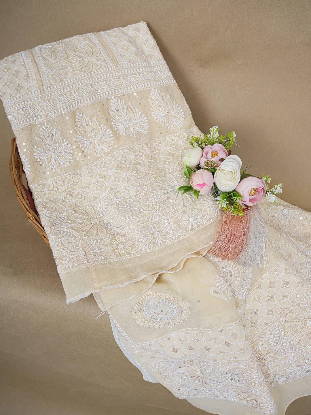 Ada Hand Embroidered White & Papaya Viscose Georgette Lucknowi Chikankari Semi-Stitched Anarkali Kurta Dupatta Set With Cutdana Work 01A569087