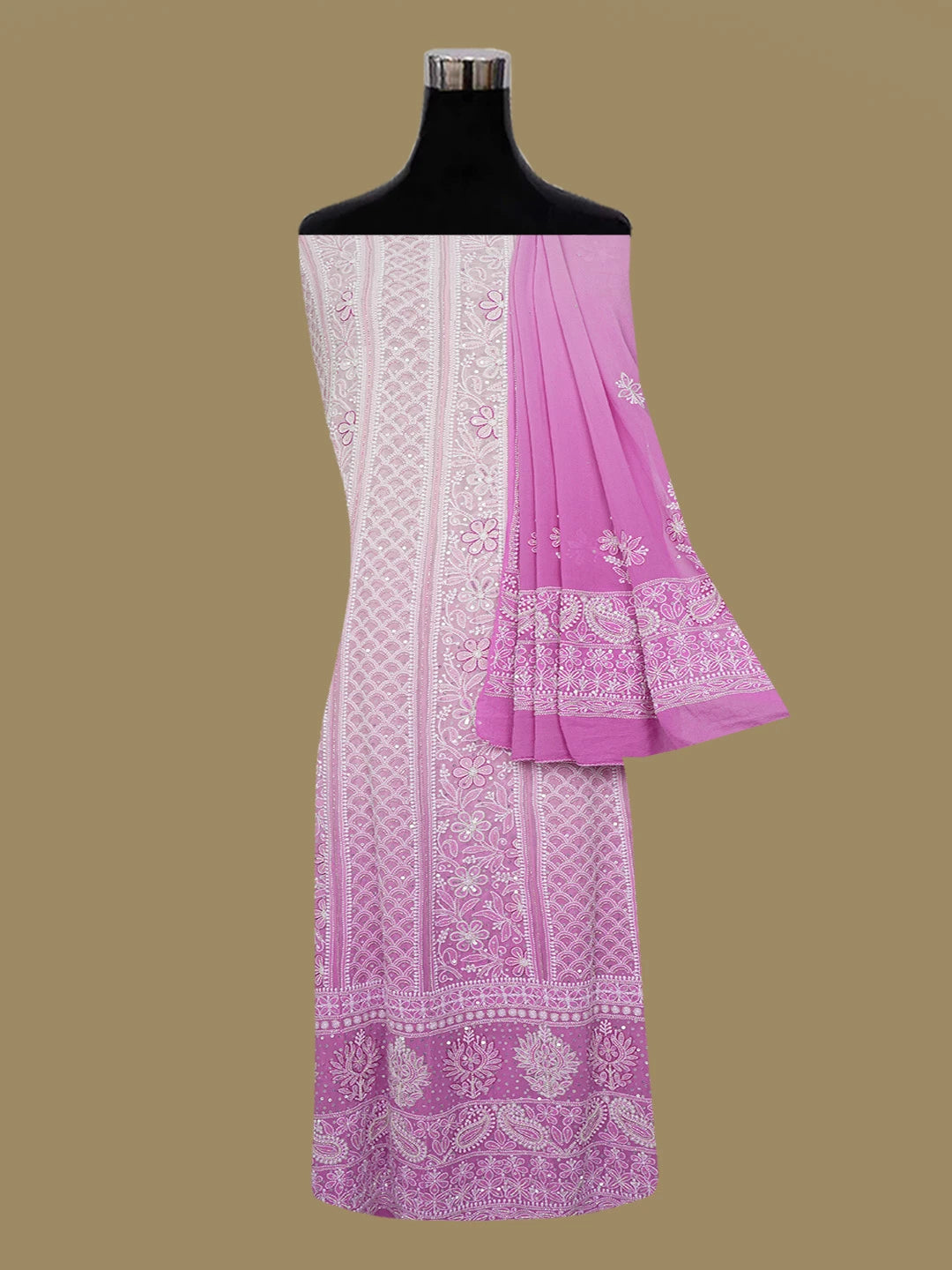 Ada Hand Embroidered Pink Pure Georgette Lucknowi Chikankari Semi-Stitched Anarkali Kurta Dupatta Set With Sequinned and Cutdana Work 01A569092