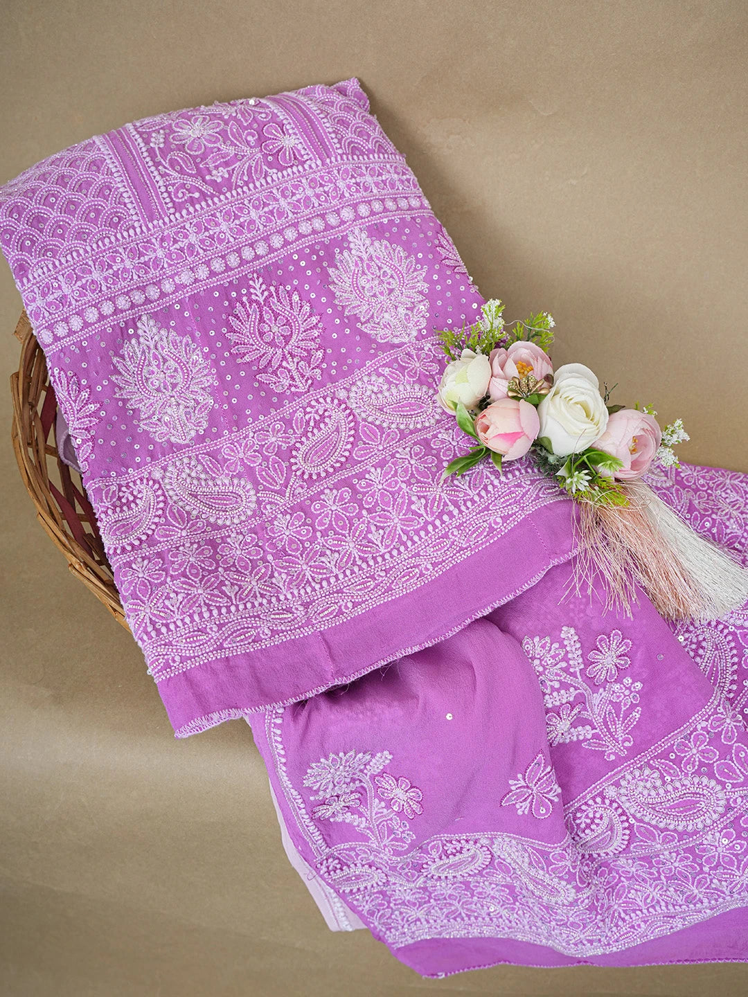 Ada Hand Embroidered Pink Pure Georgette Lucknowi Chikankari Semi-Stitched Anarkali Kurta Dupatta Set With Sequinned and Cutdana Work 01A569092