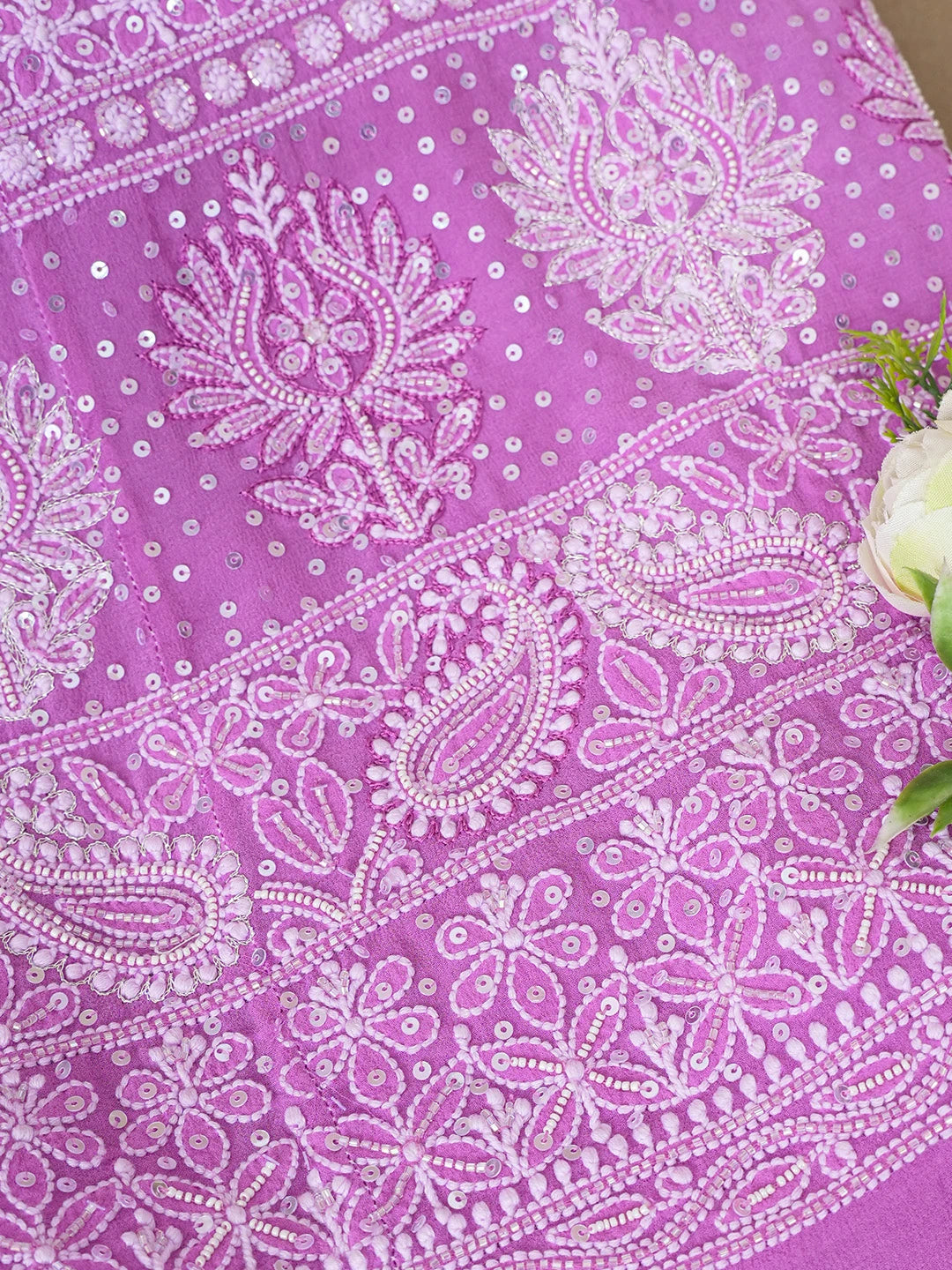 Ada Hand Embroidered Pink Pure Georgette Lucknowi Chikankari Semi-Stitched Anarkali Kurta Dupatta Set With Sequinned and Cutdana Work 01A569092