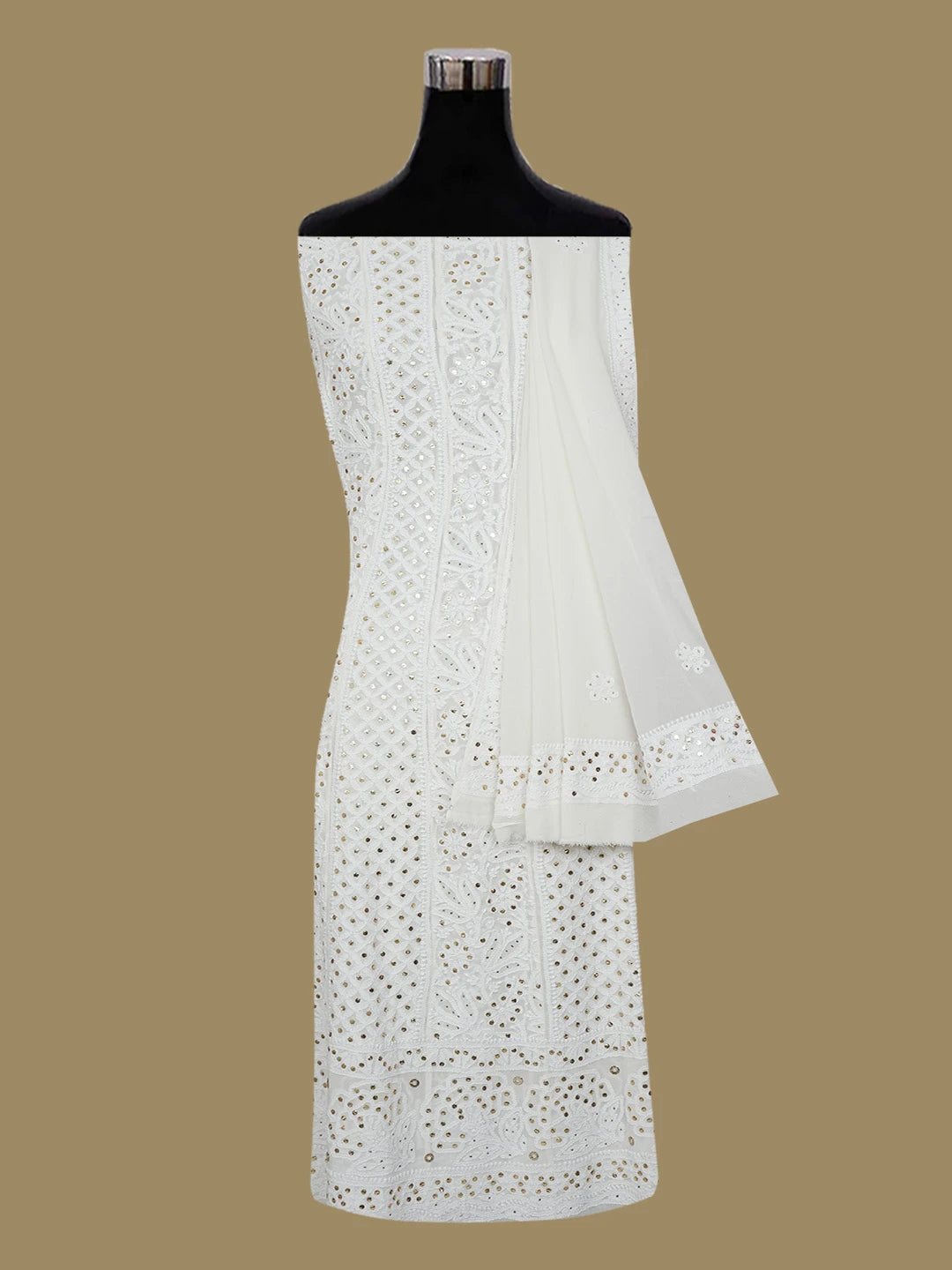 Ada Hand Embroidered White Pure Georgette Lucknowi Chikankari Semi-Stitched Anarkali Kurta Dupatta Set With Muqaish/Mukaish Work 01A572507