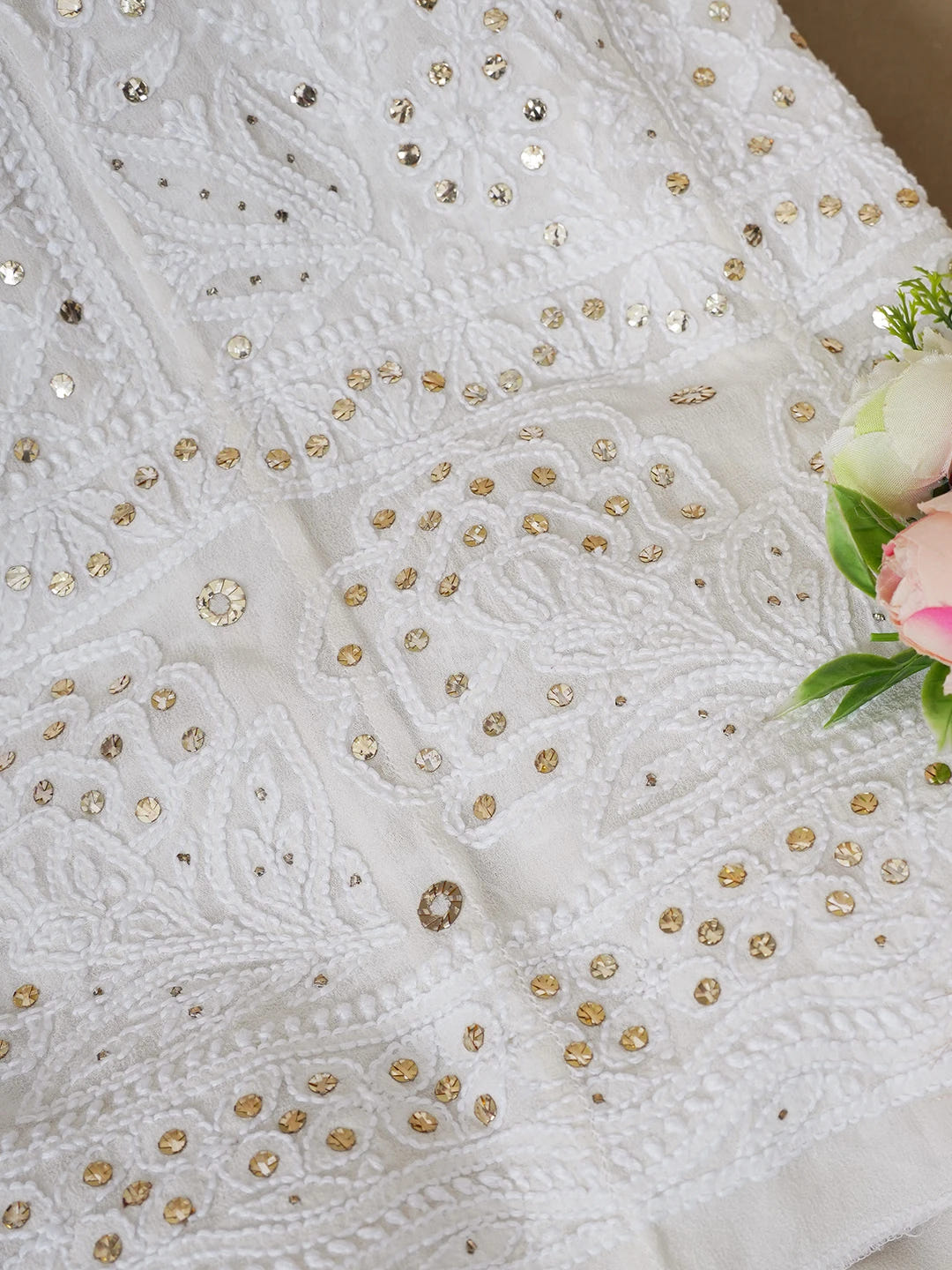 Ada Hand Embroidered White Pure Georgette Lucknowi Chikankari Semi-Stitched Anarkali Kurta Dupatta Set With Muqaish/Mukaish Work 01A572507