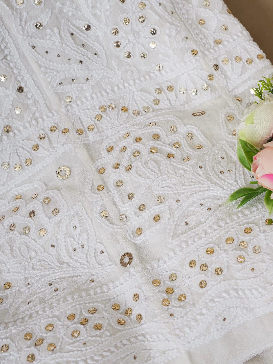 Ada Hand Embroidered White Pure Georgette Lucknowi Chikankari Semi-Stitched Anarkali Kurta Dupatta Set With Muqaish/Mukaish Work 01A572507