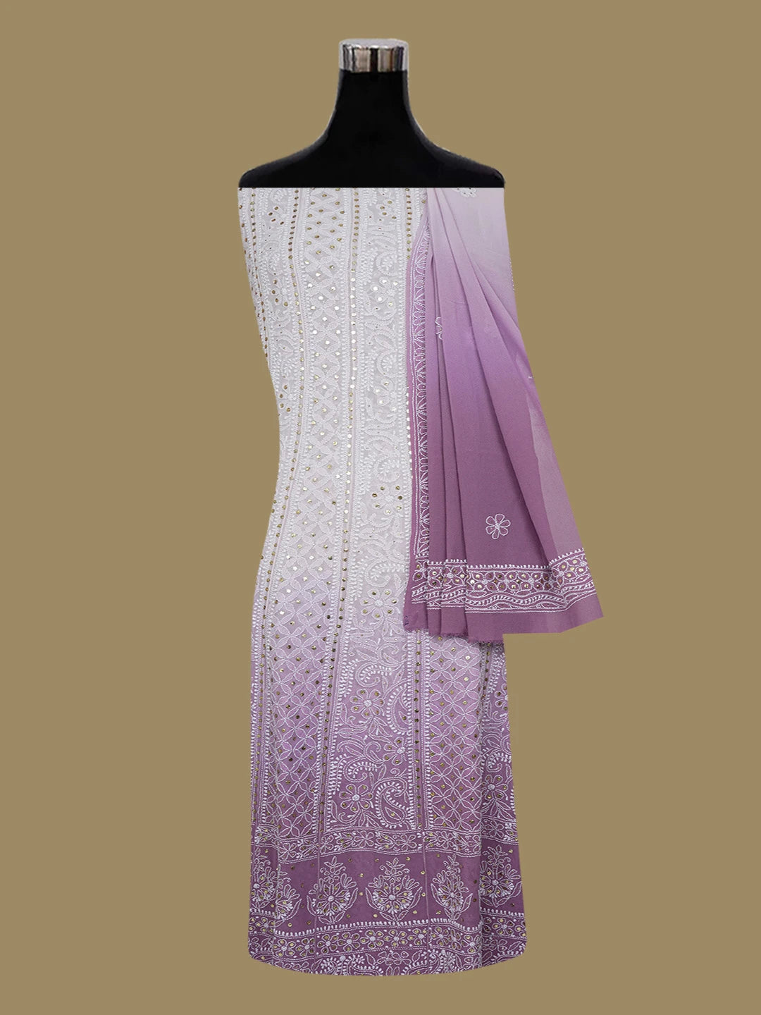 Ada Hand Embroidered Mauve Pure Georgette Lucknowi Chikankari Semi-Stitched Anarkali Kurta Dupatta Set With Muqaish/Mukaish Work 01A545854