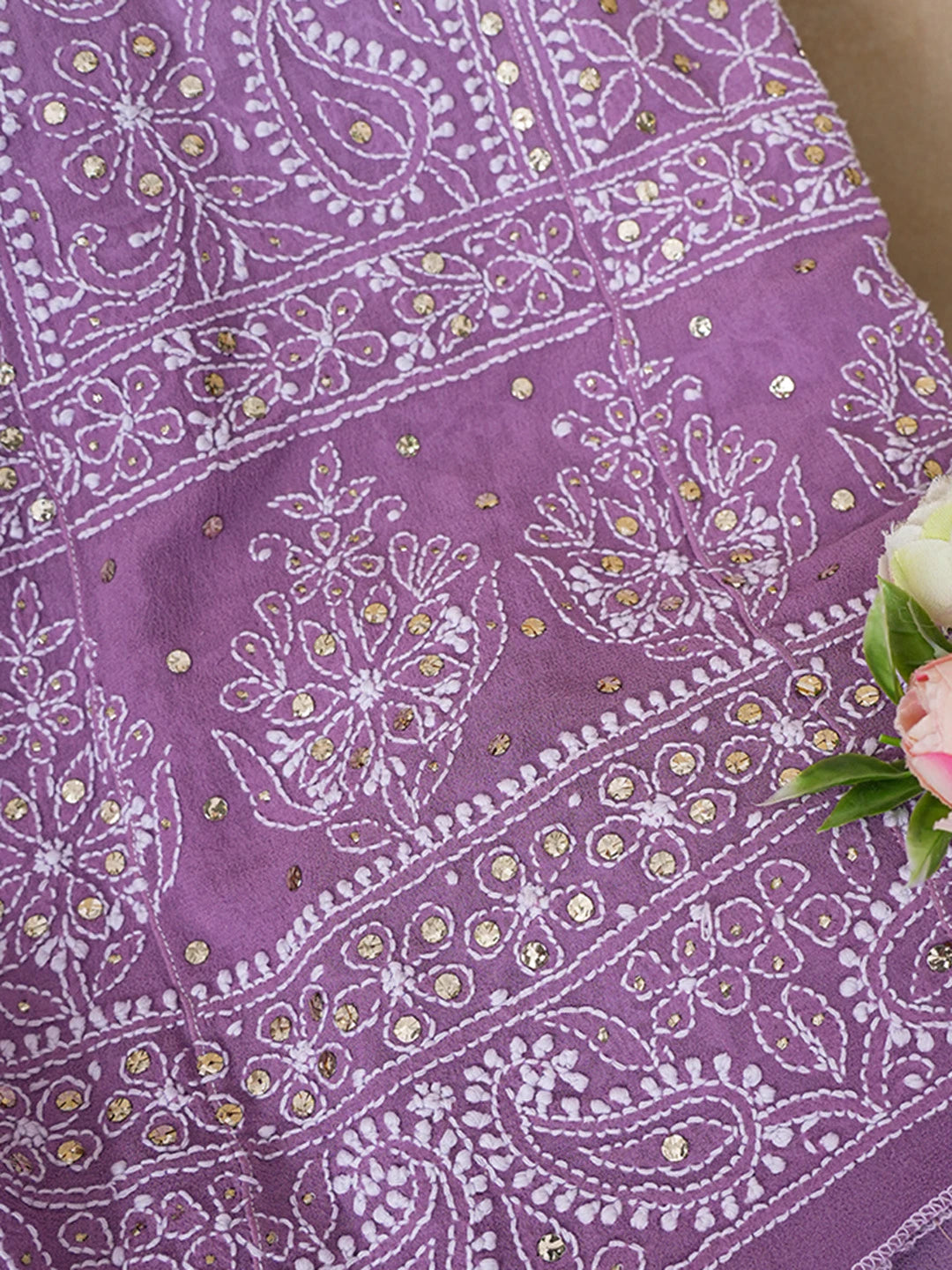 Ada Hand Embroidered Mauve Pure Georgette Lucknowi Chikankari Semi-Stitched Anarkali Kurta Dupatta Set With Muqaish/Mukaish Work 01A545854