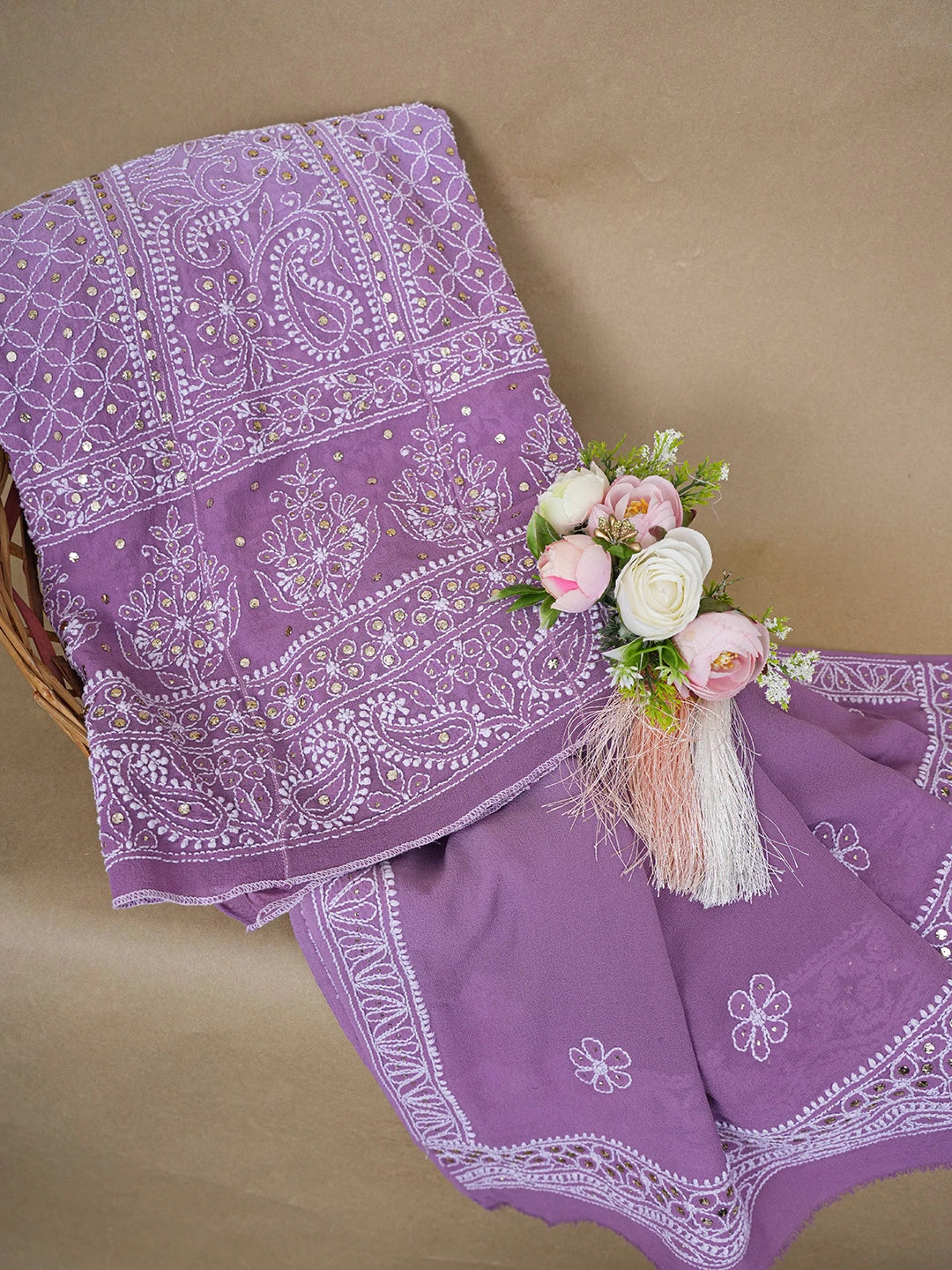 Ada Hand Embroidered Mauve Pure Georgette Lucknowi Chikankari Semi-Stitched Anarkali Kurta Dupatta Set With Muqaish/Mukaish Work 01A545854
